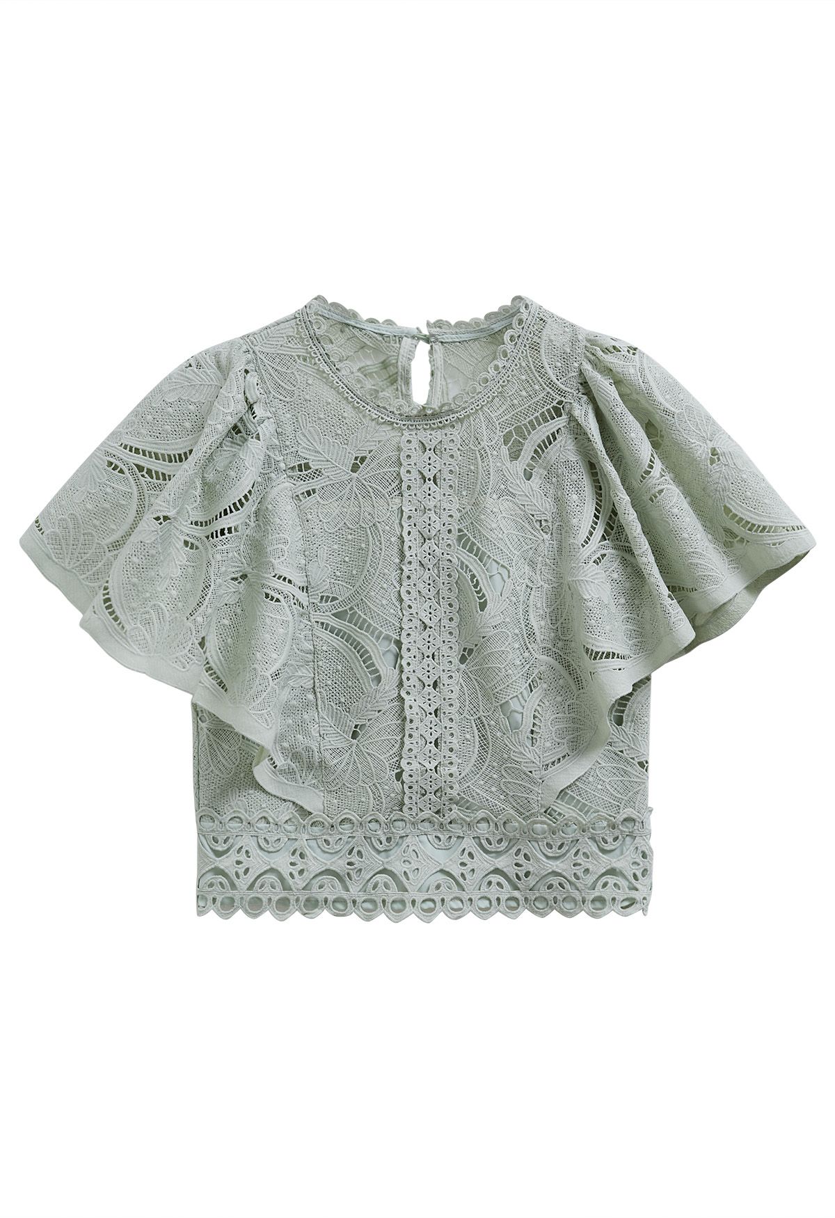 Leaves Cutwork Lace Flutter Sleeve Top in Pea Green