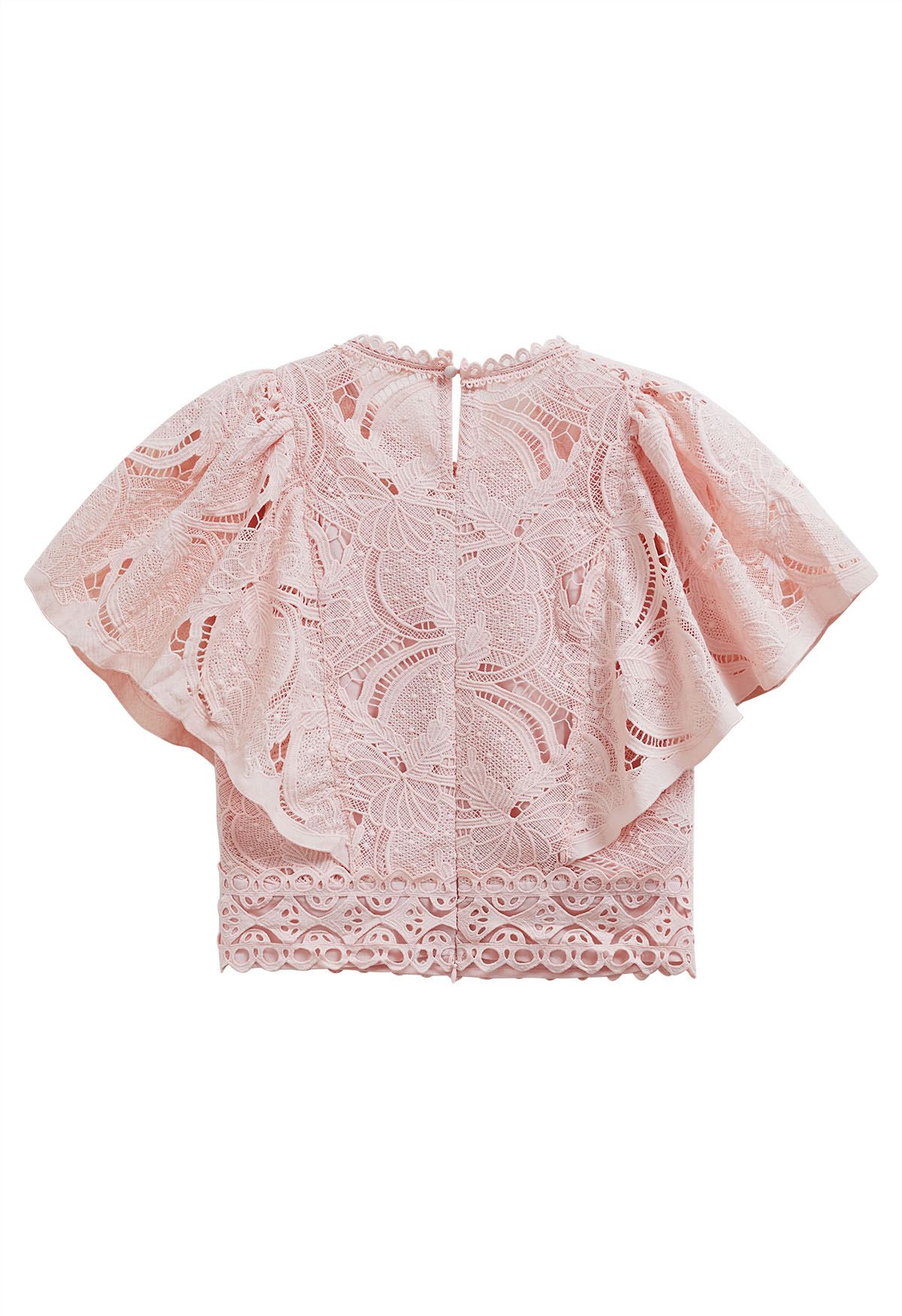 Leaves Cutwork Lace Flutter Sleeve Top in Pink