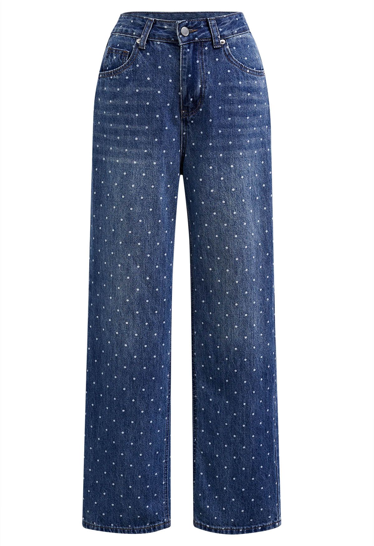 Polka Dot Printed Straight-Leg Jeans