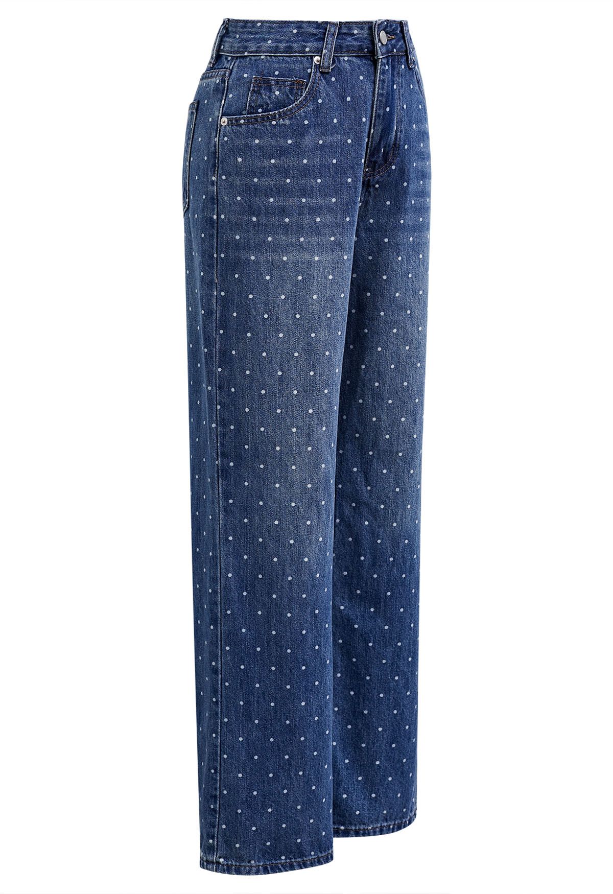 Polka Dot Printed Straight-Leg Jeans