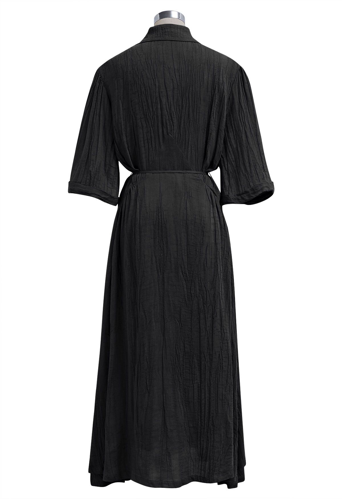 Elbow Sleeve Tie-Waist Buttoned Shirt Dress in Black