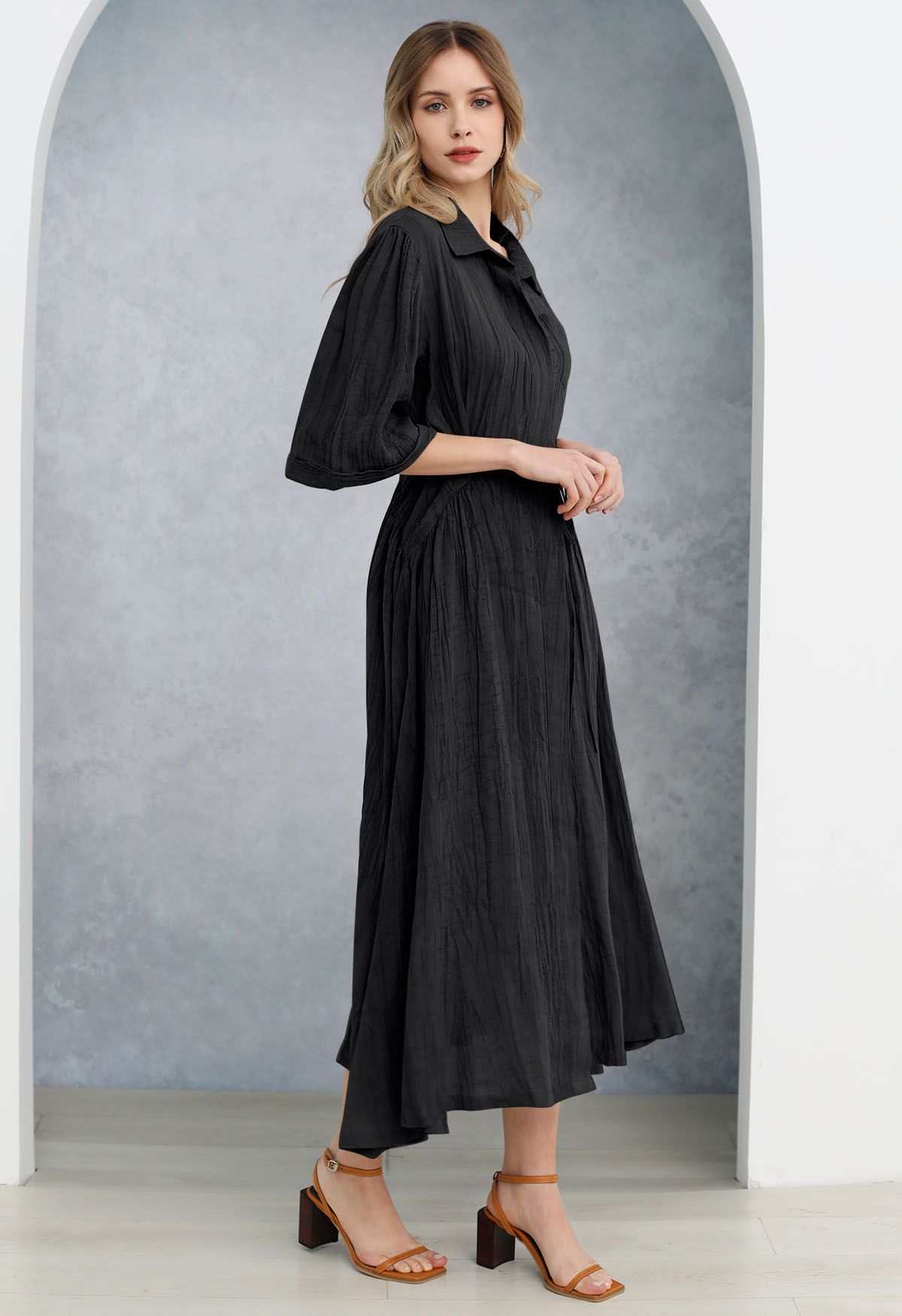 Elbow Sleeve Tie-Waist Buttoned Shirt Dress in Black