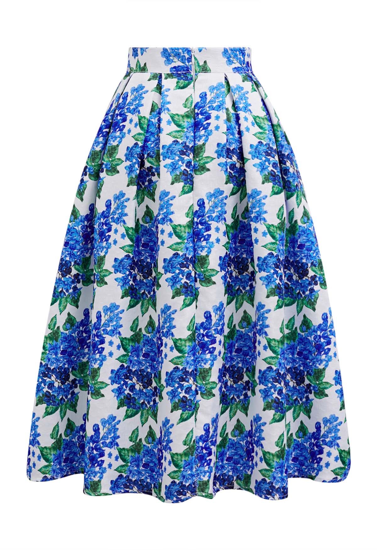 Blue Floral Romance Pleated Midi Skirt