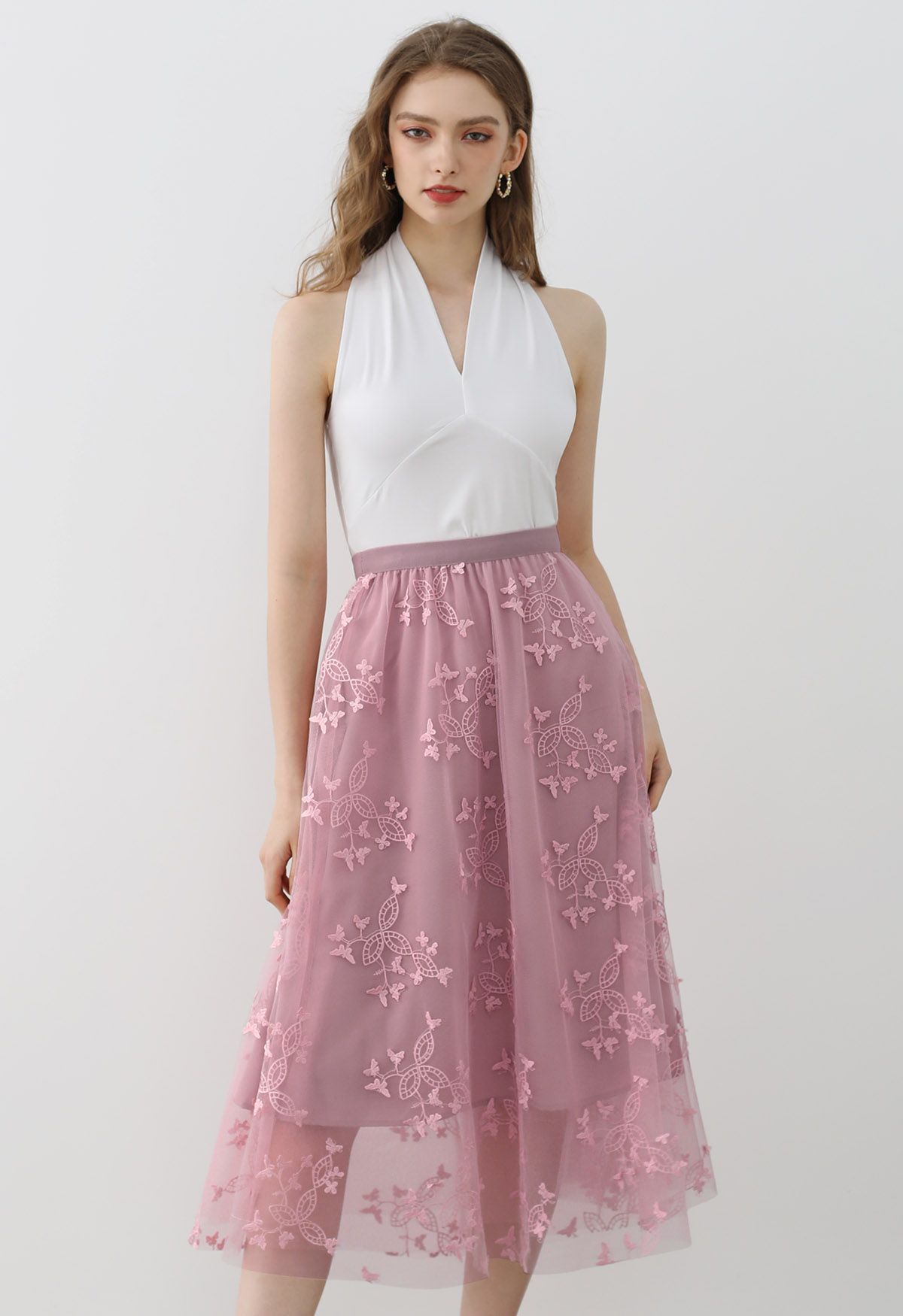 Cutie Butterfly Embroidered Mesh Tulle Midi Skirt