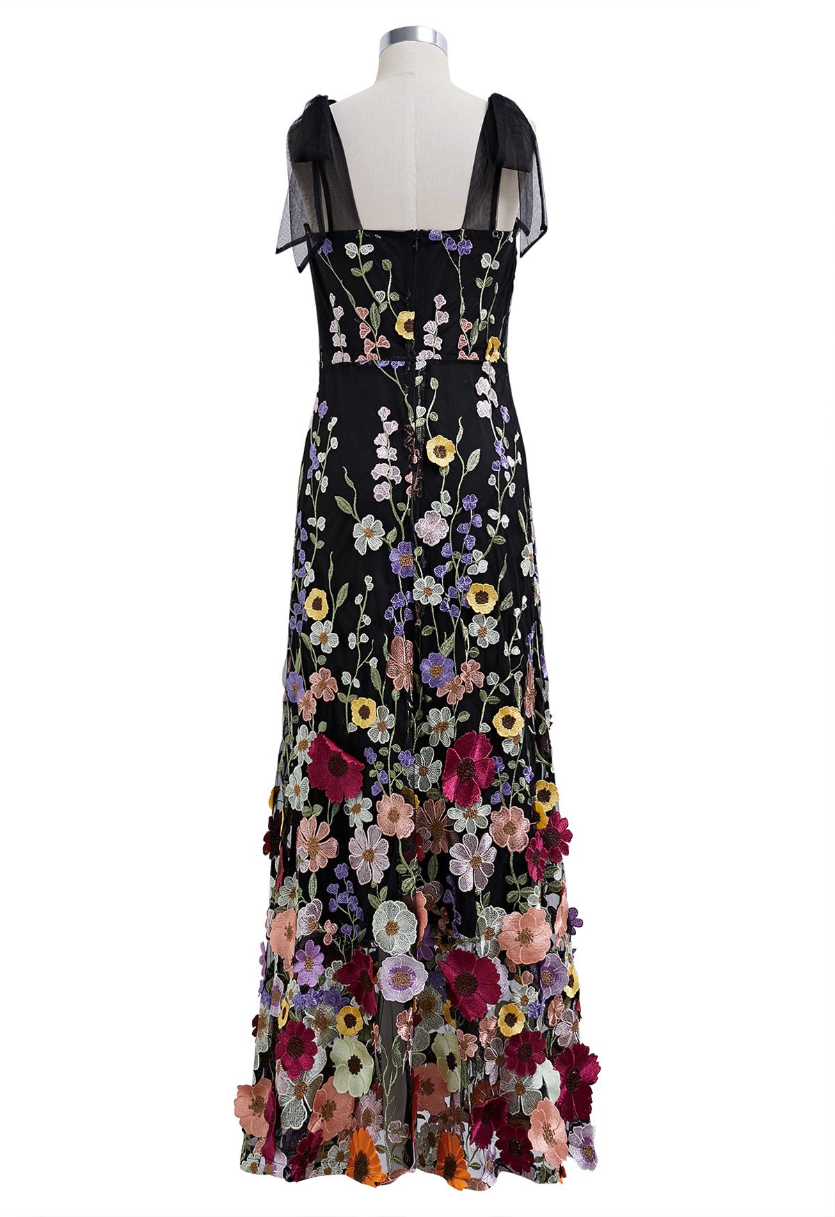 3D Floral Applique Tie-Strap Mesh Tulle Maxi Dress in Black