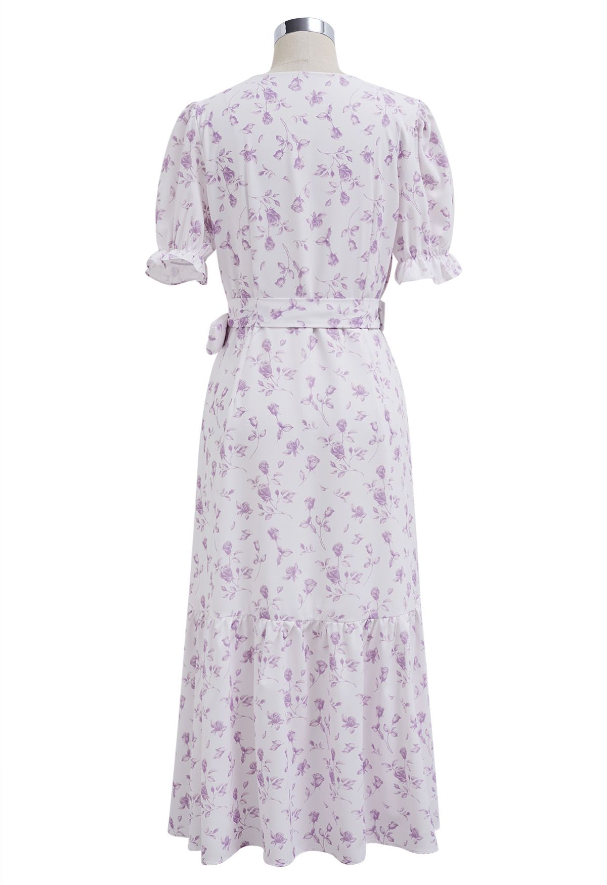 Watercolor Rose Print Wrap Midi Dress in Lilac