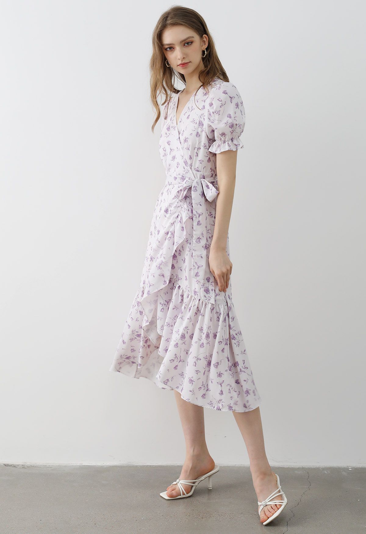 Watercolor Rose Print Wrap Midi Dress in Lilac