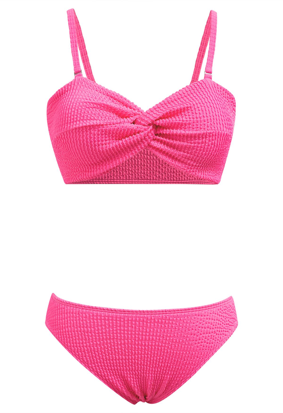 Three-Piece Wavy Texture Twist Bikini Set in Hot Pink