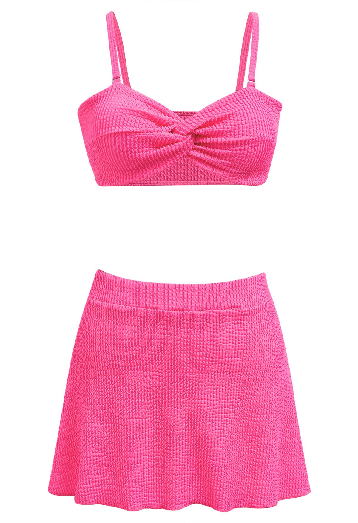 Three-Piece Wavy Texture Twist Bikini Set in Hot Pink