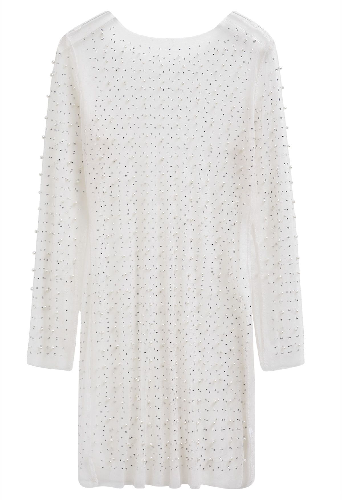 Full Pearl Embellished Sheer Mesh Cover-Up Dress in White