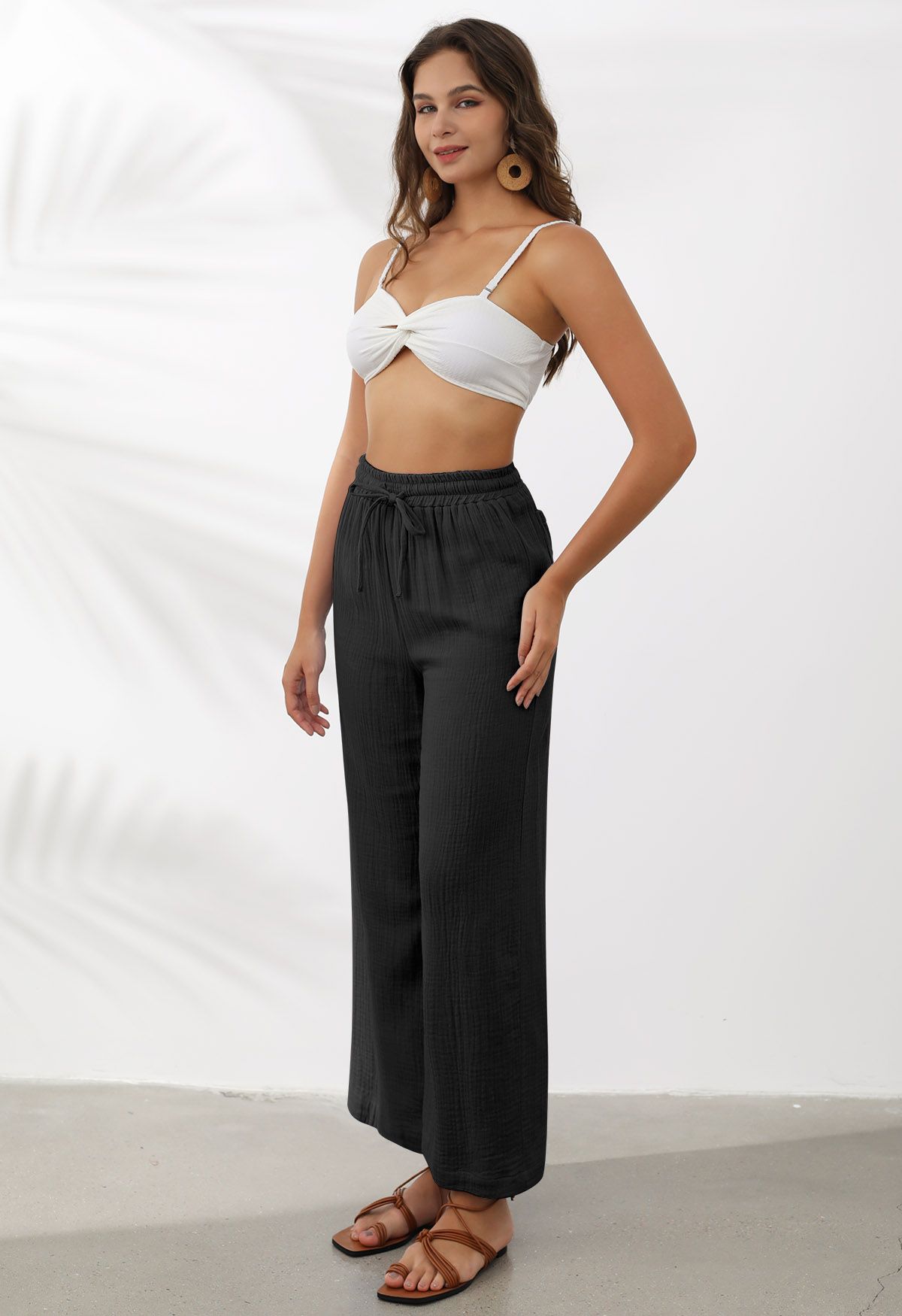 Lightweight Cotton Drawstring Pants in Black