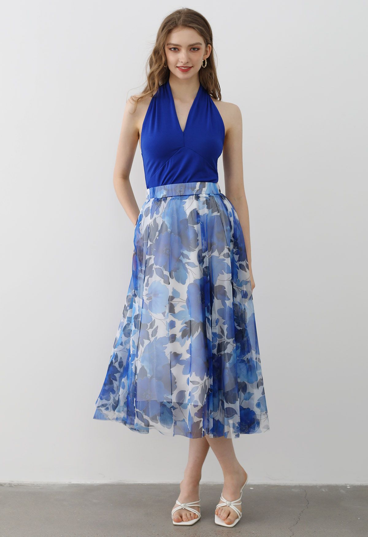 Dancing in Flowers Blue Watercolor Mesh Tulle Skirt 