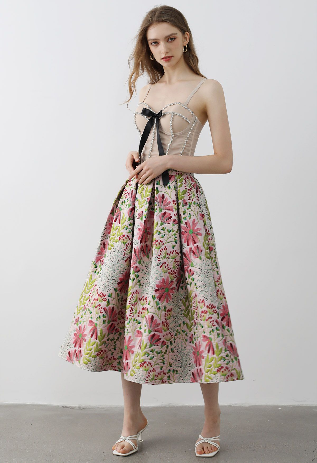 Cheerful Daisy Field Jacquard Pleated Midi Skirt