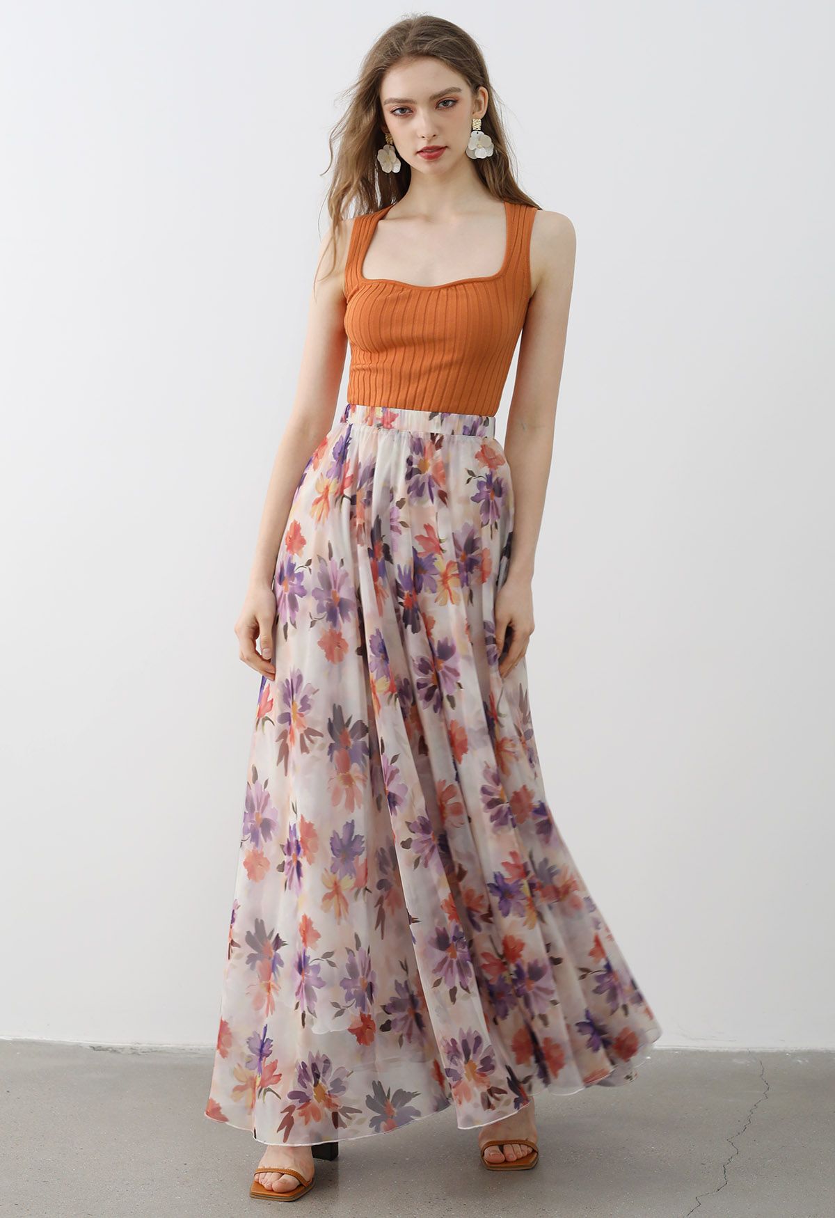 Sunlight Orange Floral Printed Chiffon Maxi Skirt