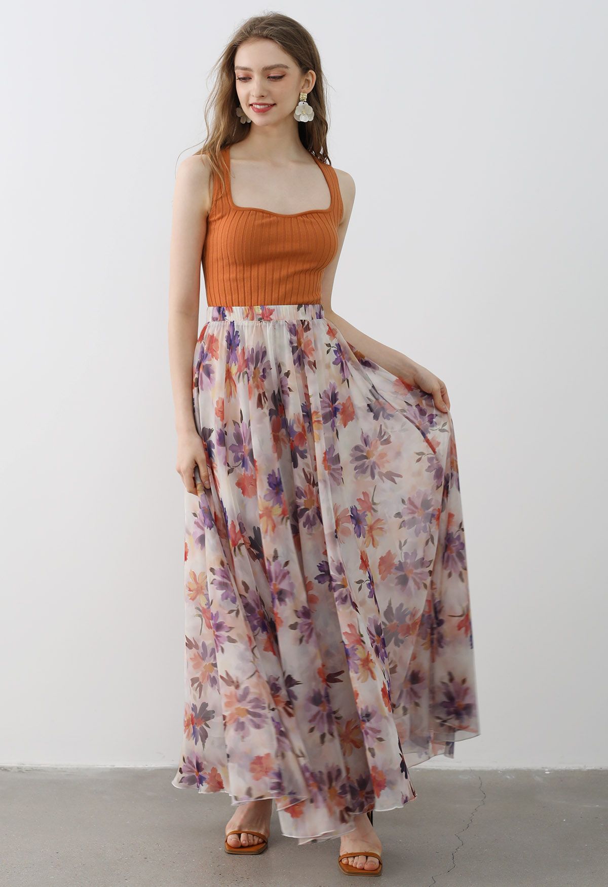 Sunlight Orange Floral Printed Chiffon Maxi Skirt