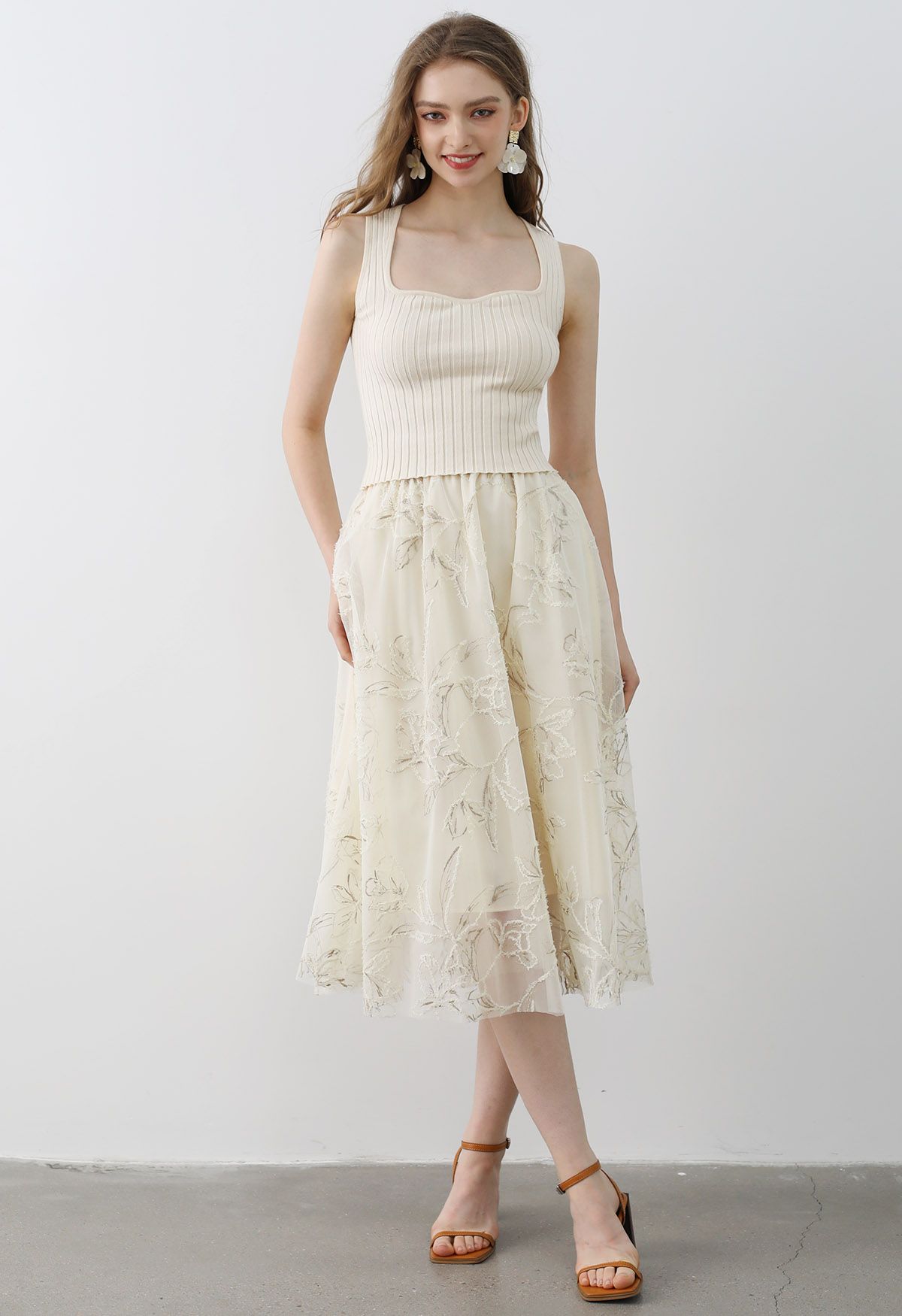 Metallic Thread Fuzzy Floral Mesh Midi Skirt in Cream