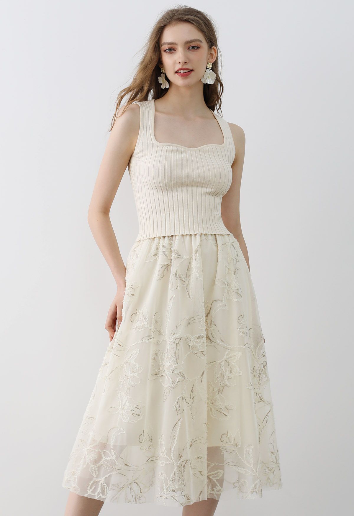 Metallic Thread Fuzzy Floral Mesh Midi Skirt in Cream