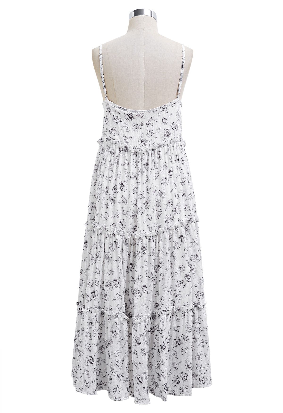 Floral Front Buttoned Ruffled Trim Cami Midi Dress in White