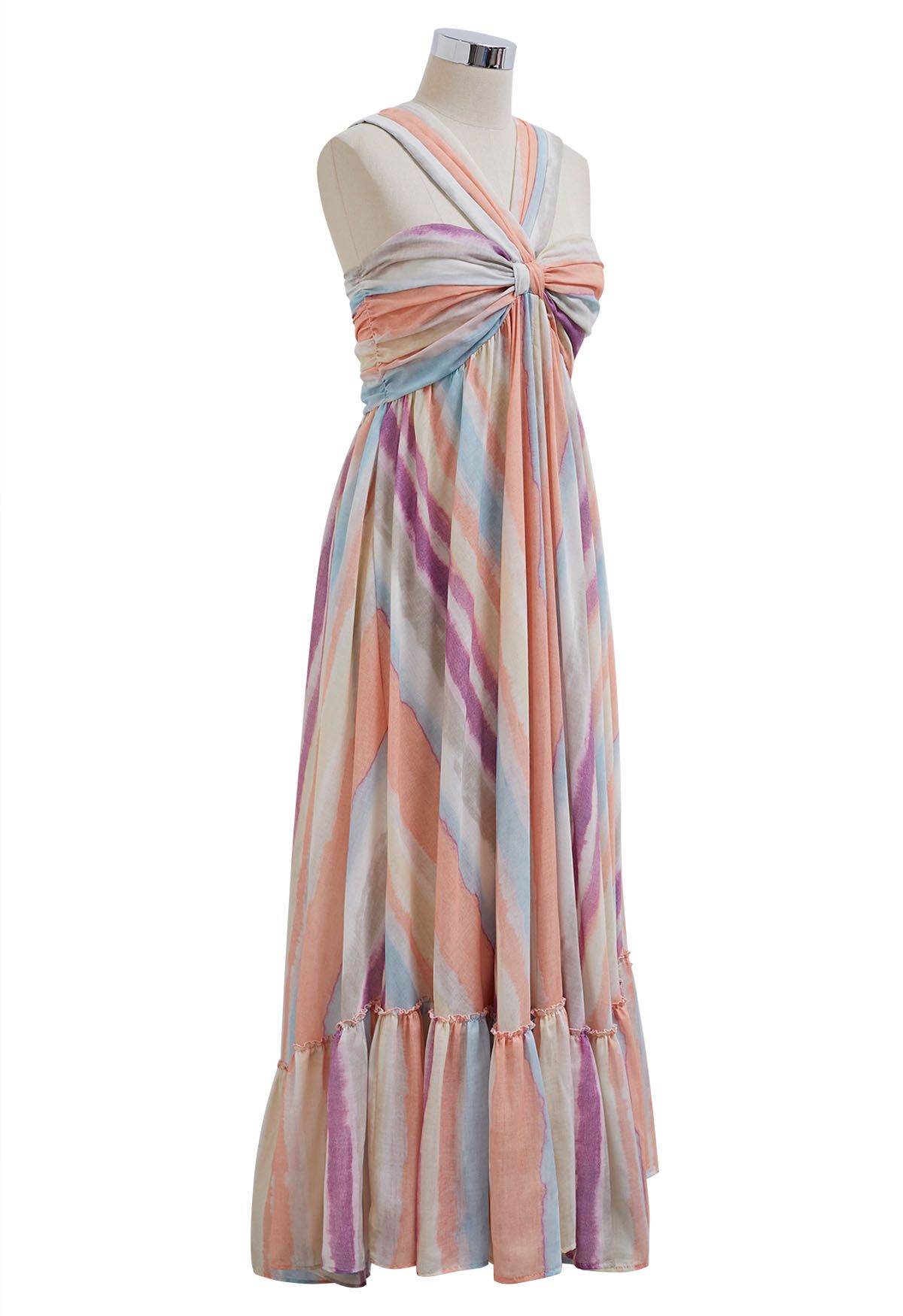 Rainbow Stripe Halter Neck Asymmetric Dress