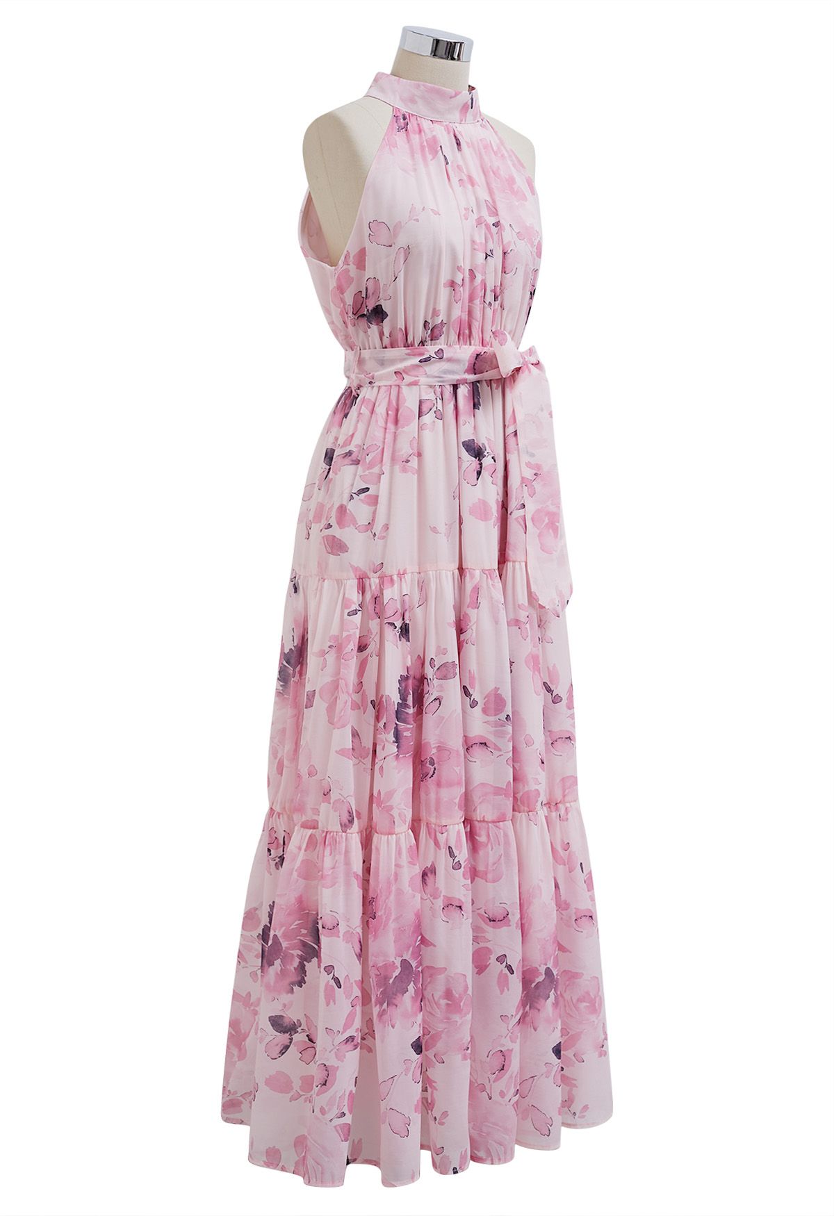 Floral Halter Neck Tie Waist Maxi Dress in Pink