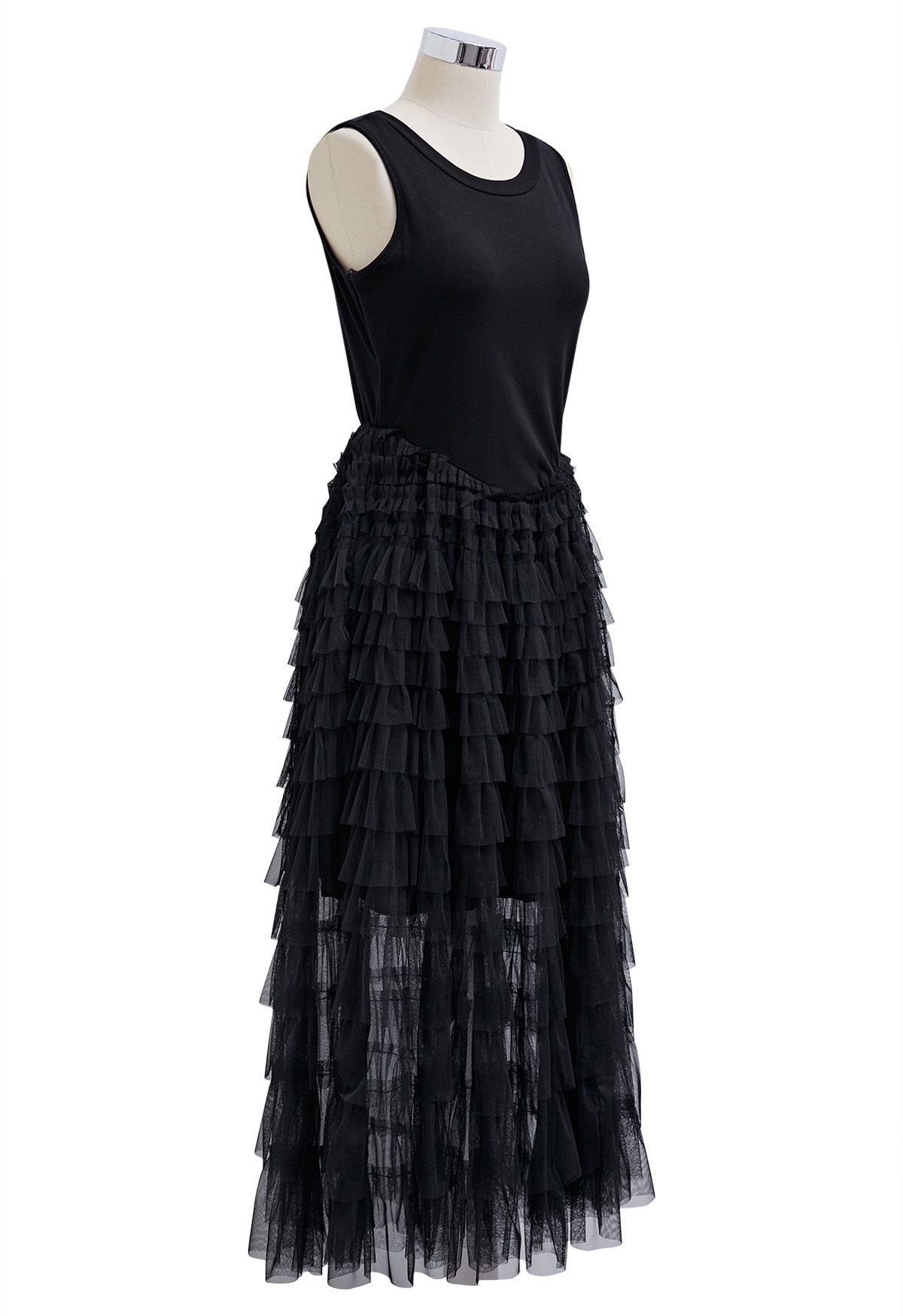 Tiered Mesh Spliced Sleeveless Maxi Dress in Black