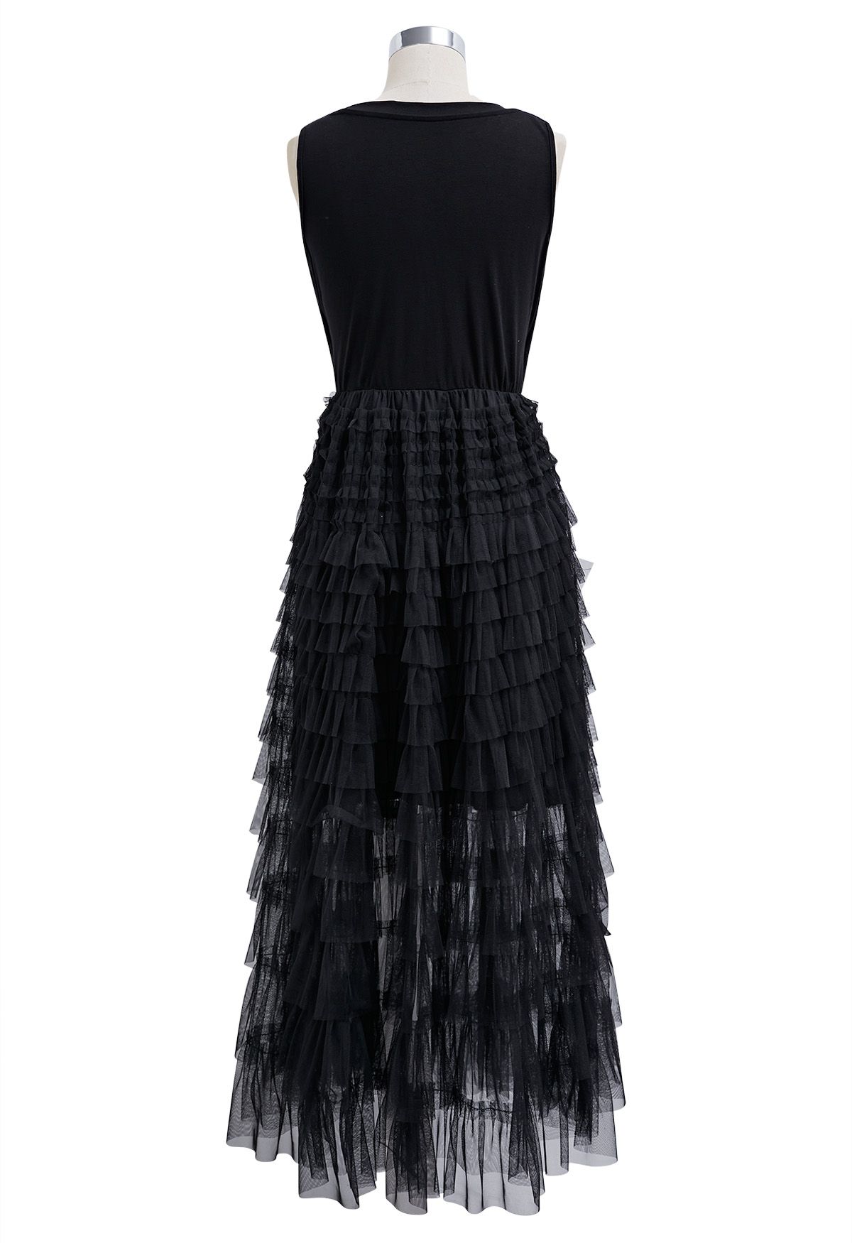 Tiered Mesh Spliced Sleeveless Maxi Dress in Black