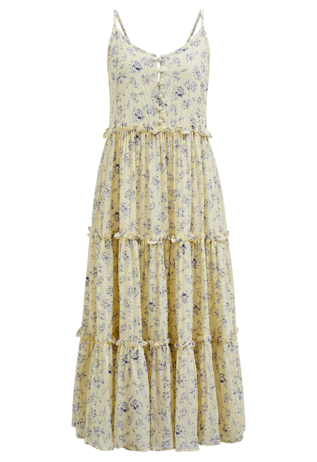 Floral Front Buttoned Ruffled Trim Cami Midi Dress in Light Yellow