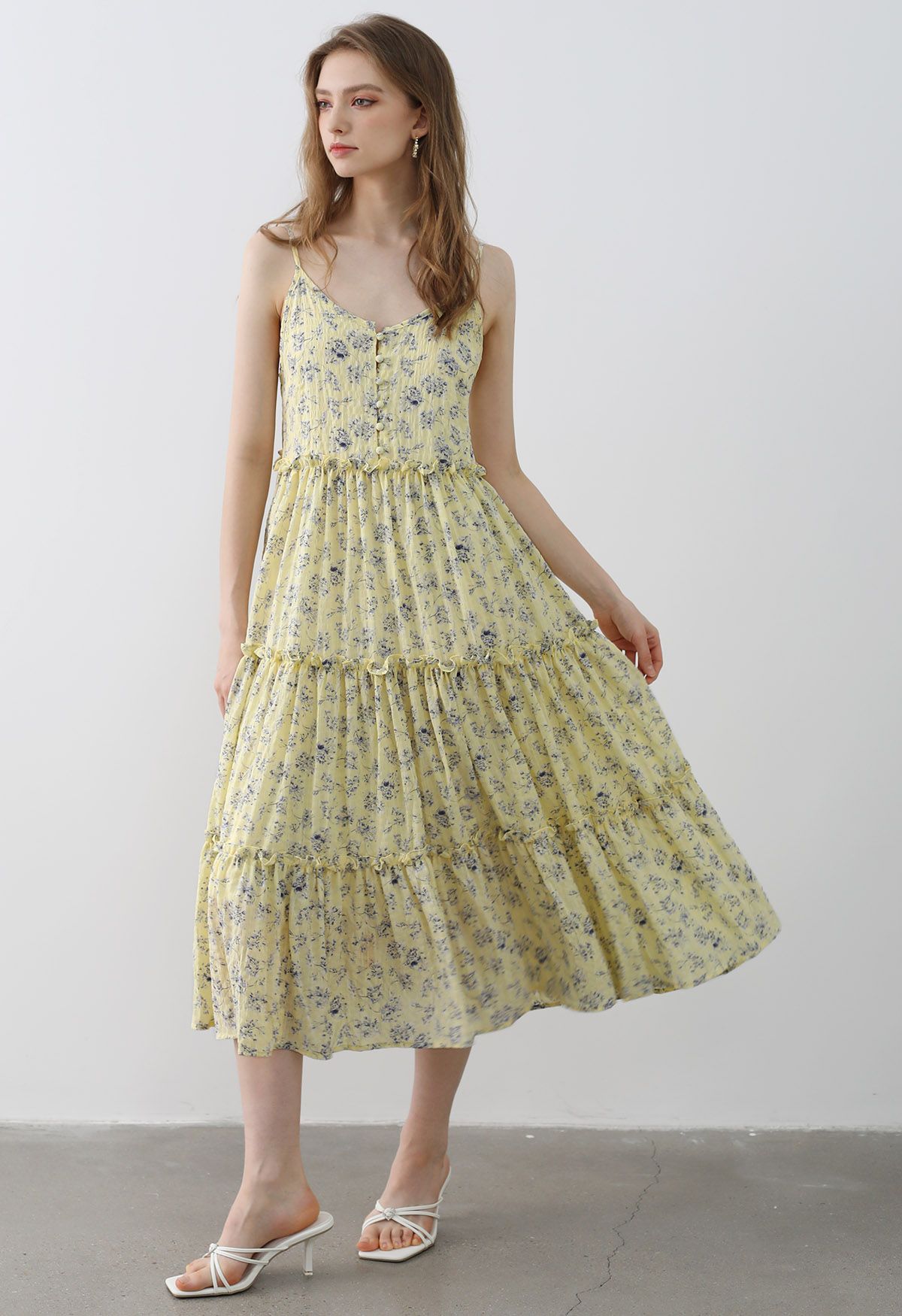 Floral Front Buttoned Ruffled Trim Cami Midi Dress in Light Yellow