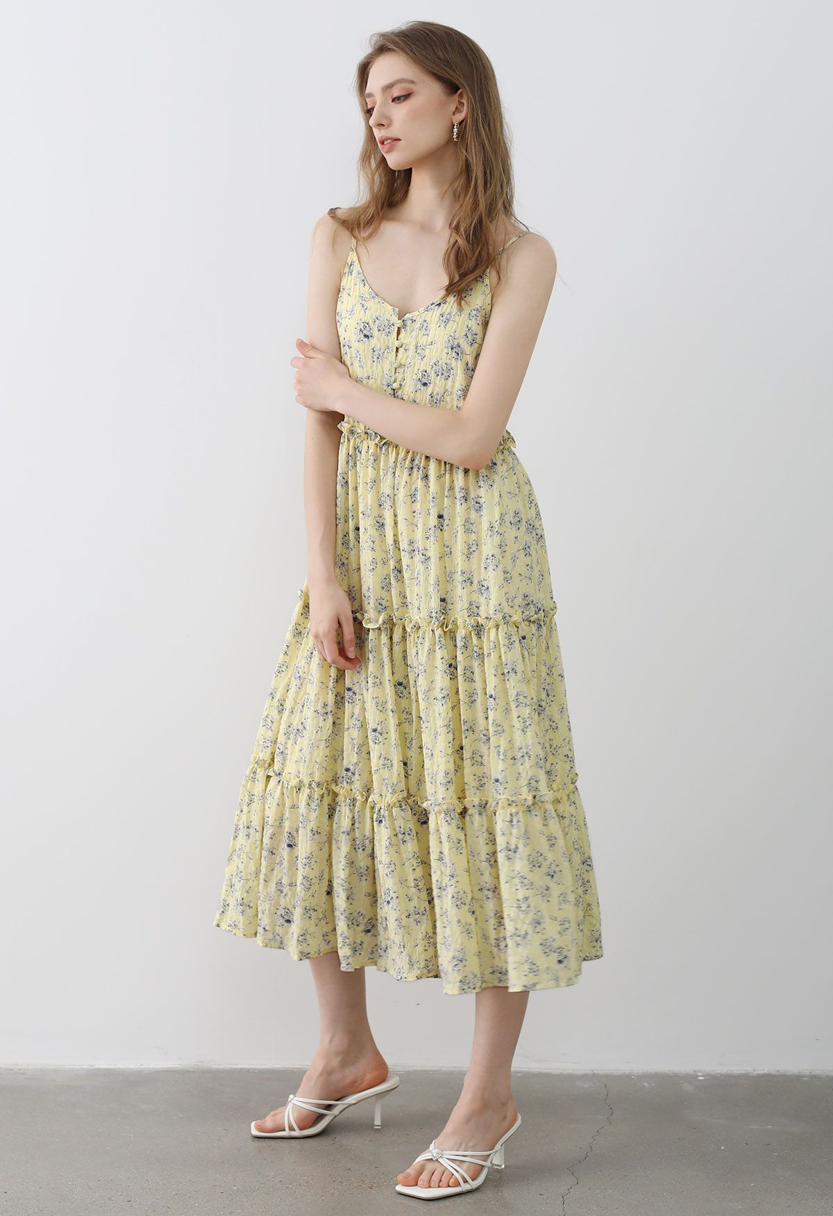 Floral Front Buttoned Ruffled Trim Cami Midi Dress in Light Yellow