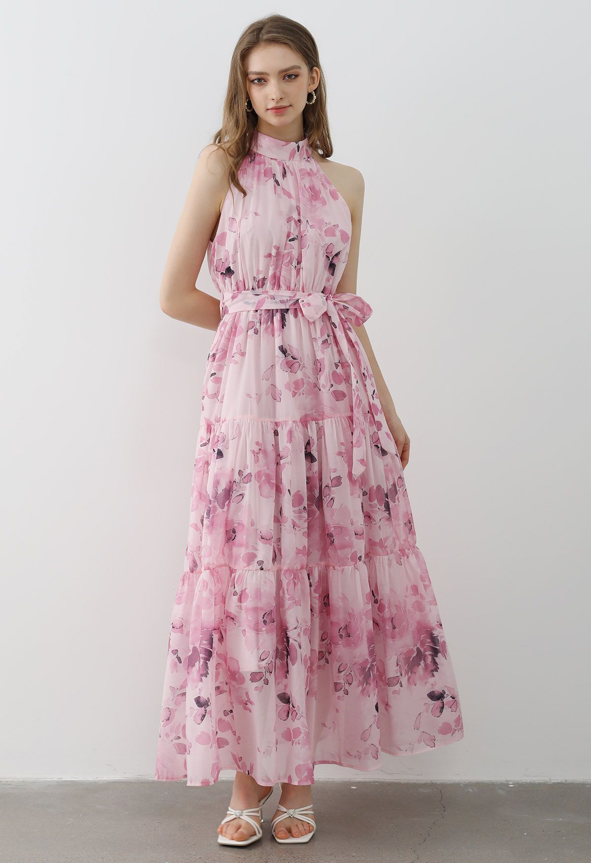 Floral Halter Neck Tie Waist Maxi Dress in Pink