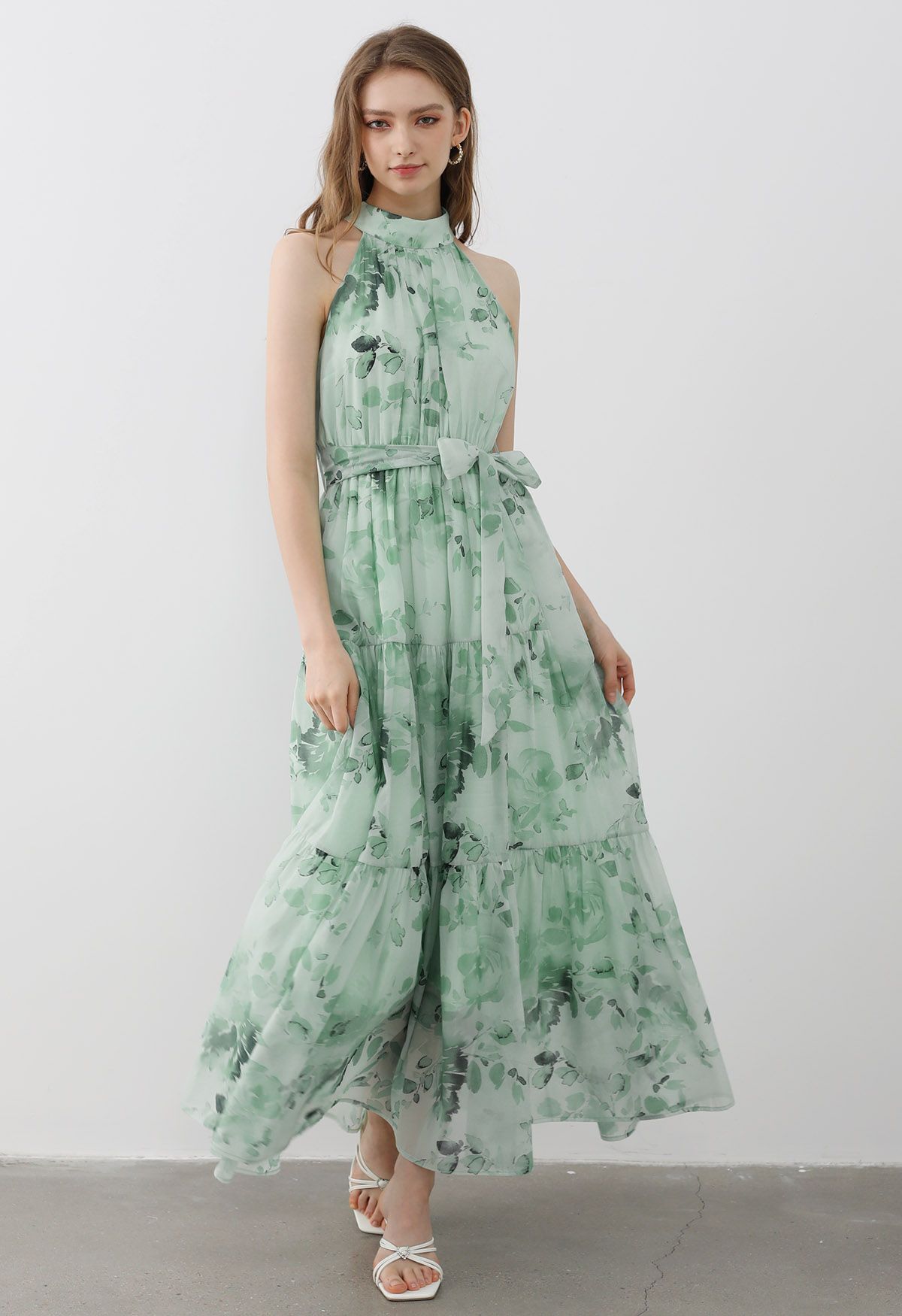 Floral Halter Neck Tie Waist Maxi Dress in Mint