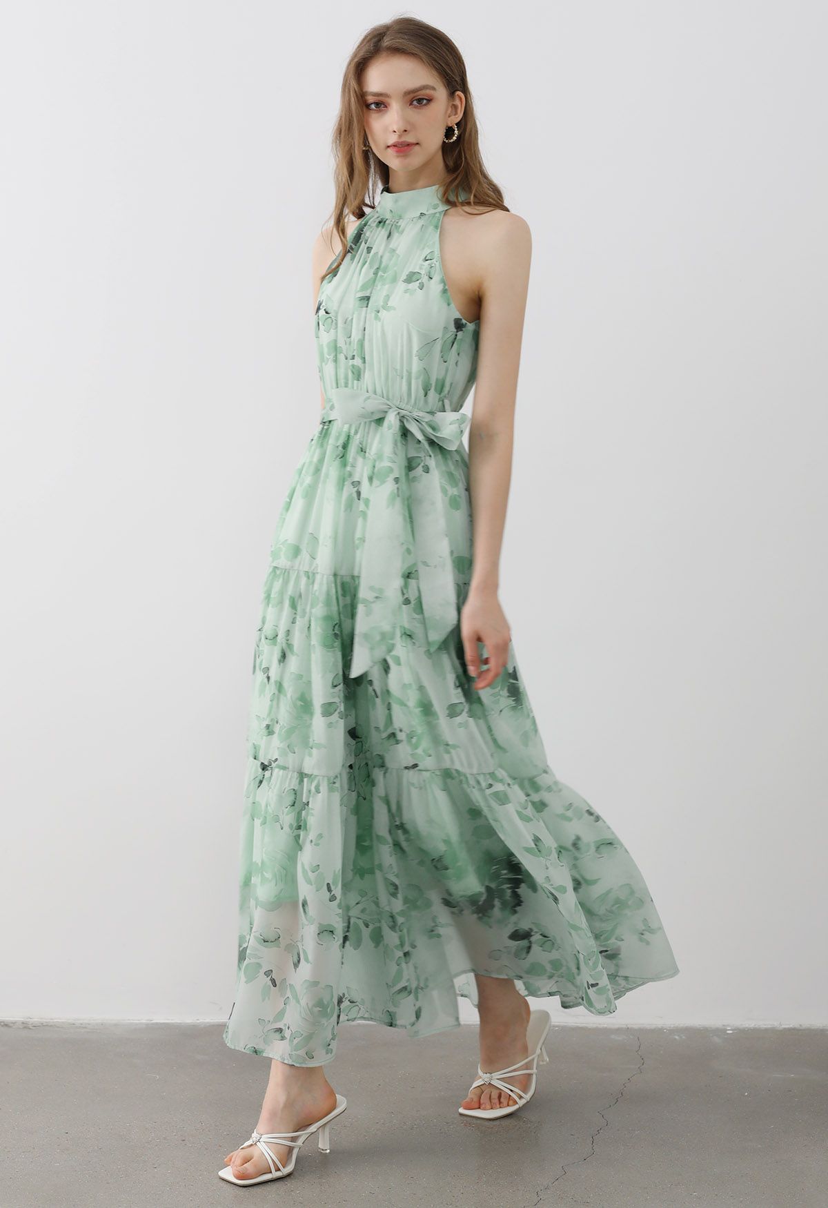 Floral Halter Neck Tie Waist Maxi Dress in Mint