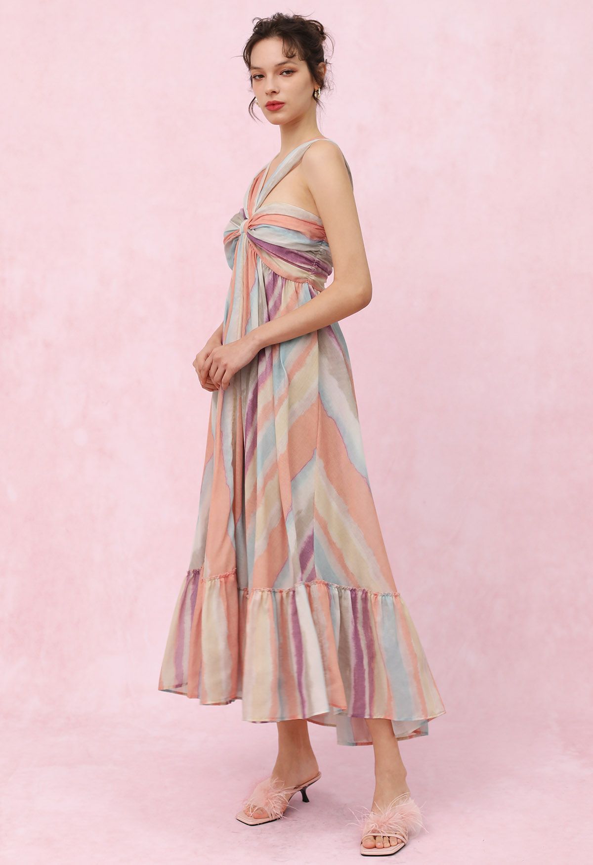 Rainbow Stripe Halter Neck Asymmetric Dress