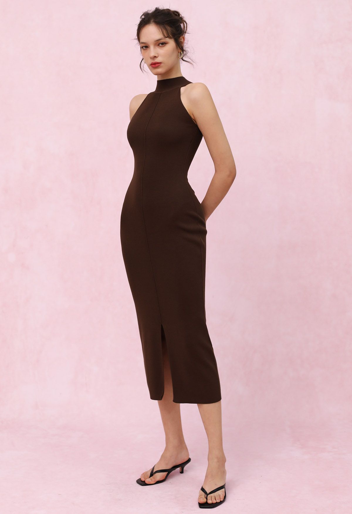 Seam Detailing Halter Bodycon Knit Dress in Brown