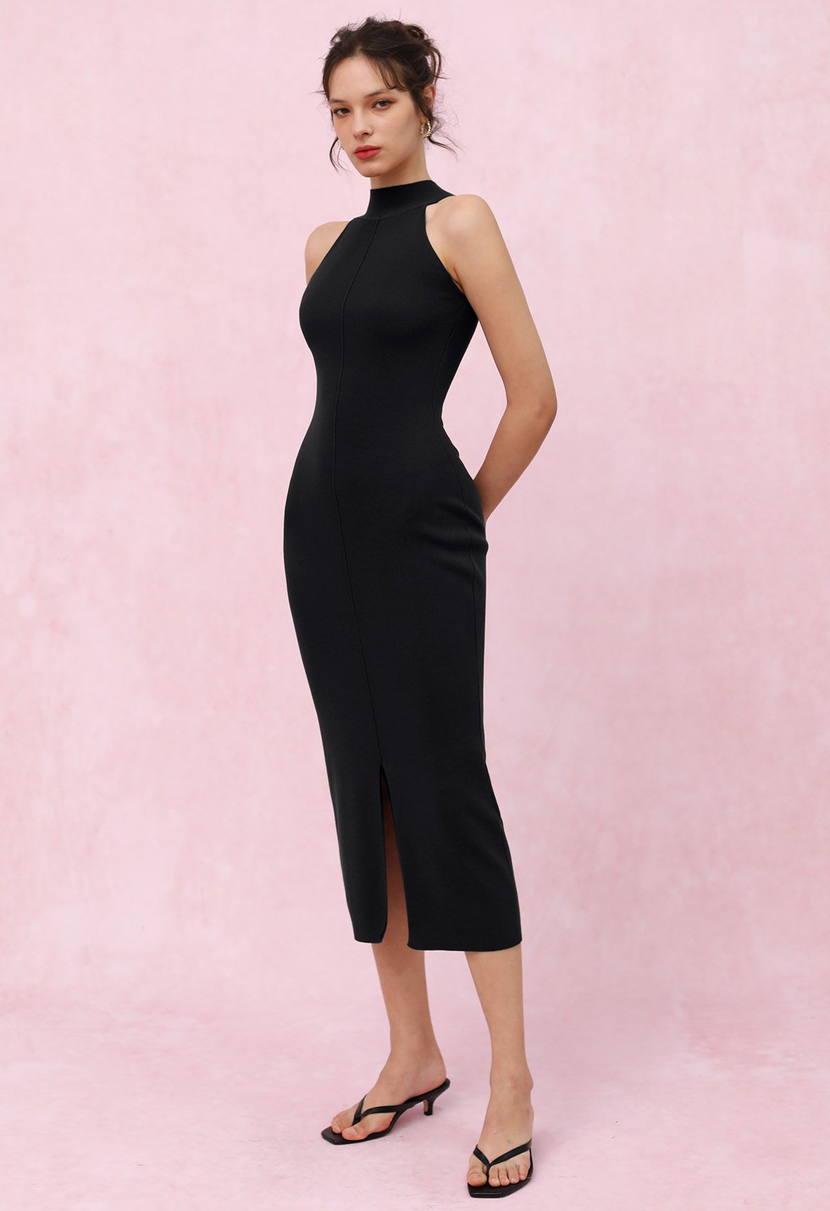 Seam Detailing Halter Bodycon Knit Dress in Black