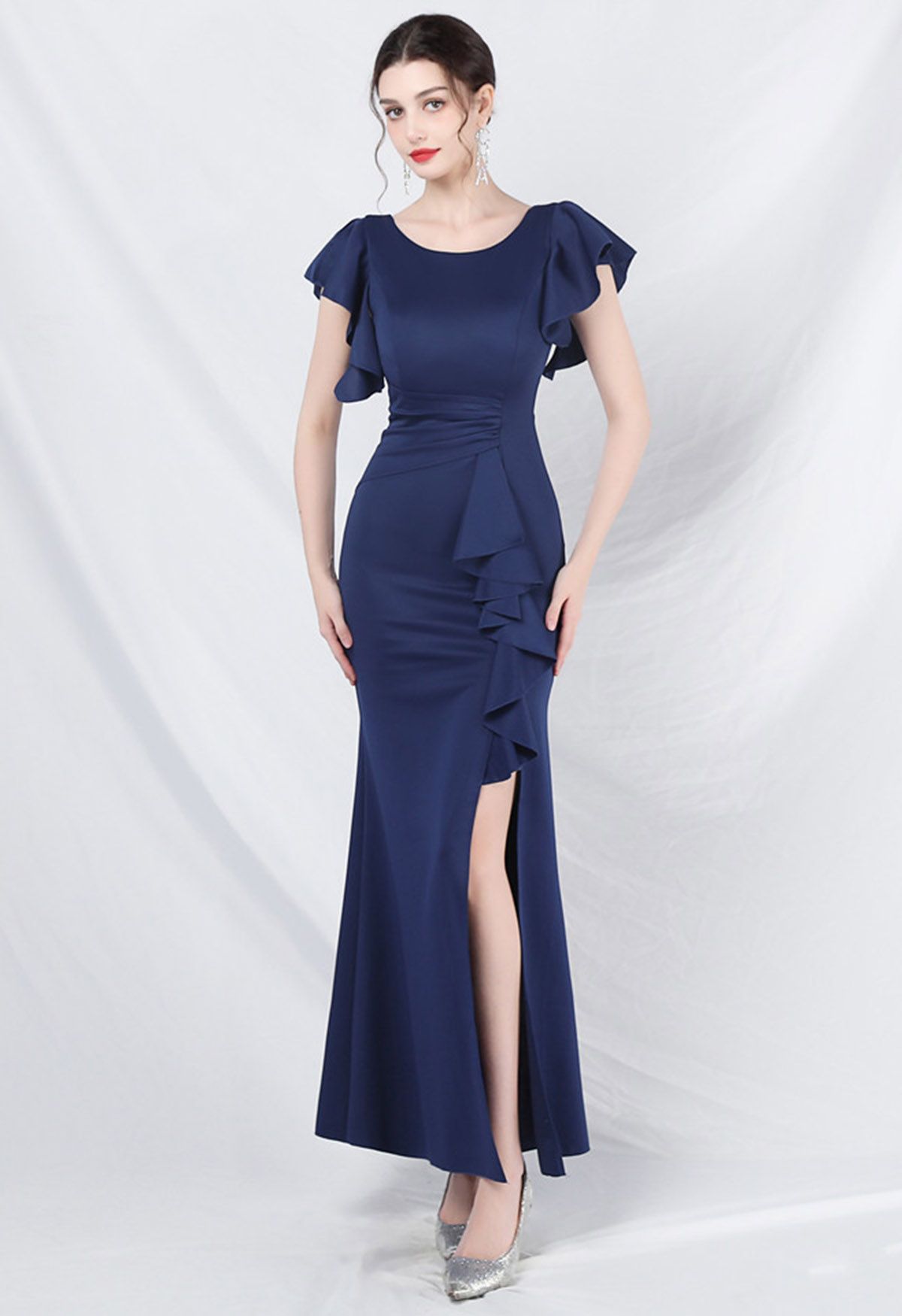 Glamorous Ruffle Trim Slit Mermaid Gown in Navy