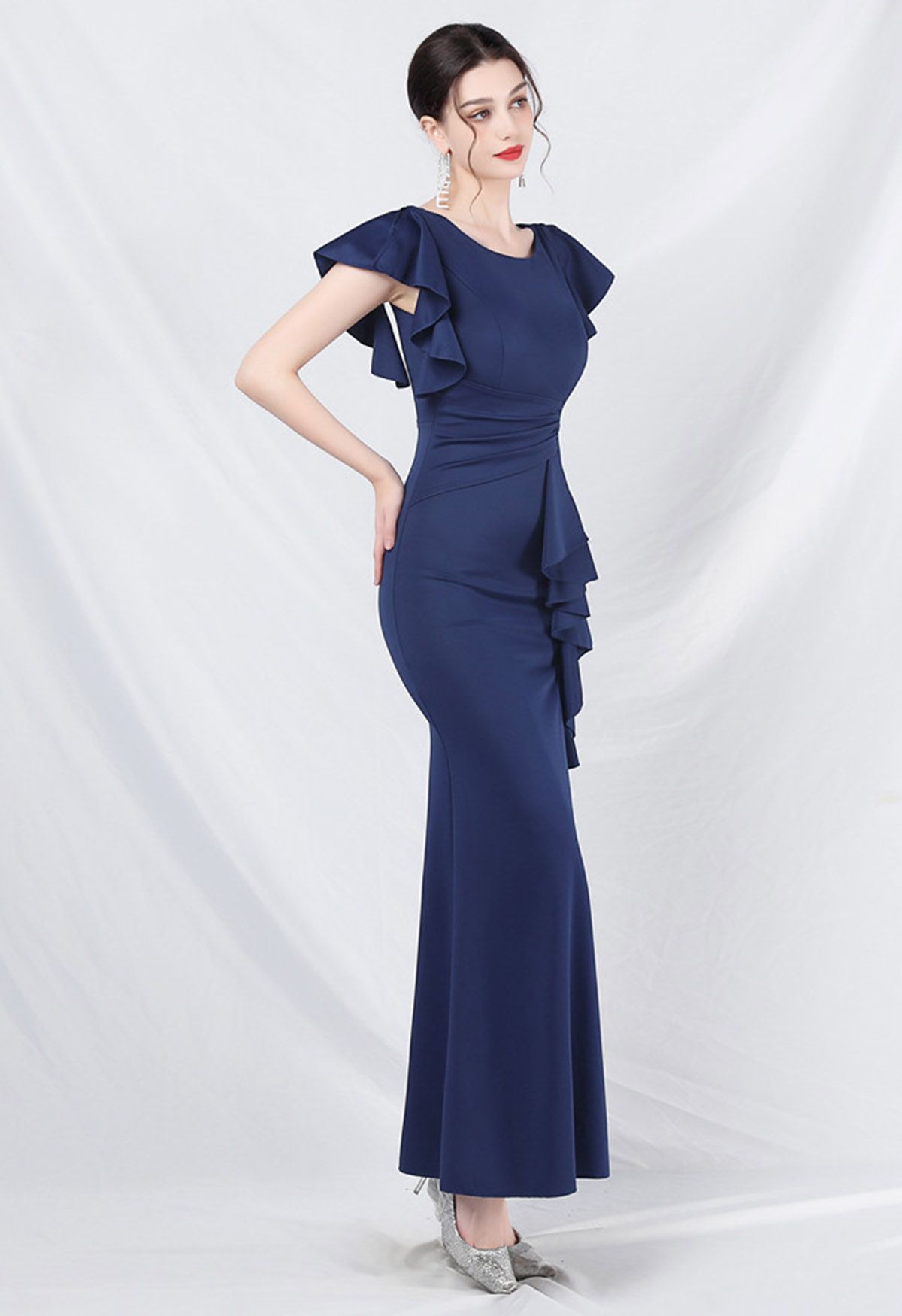 Glamorous Ruffle Trim Slit Mermaid Gown in Navy