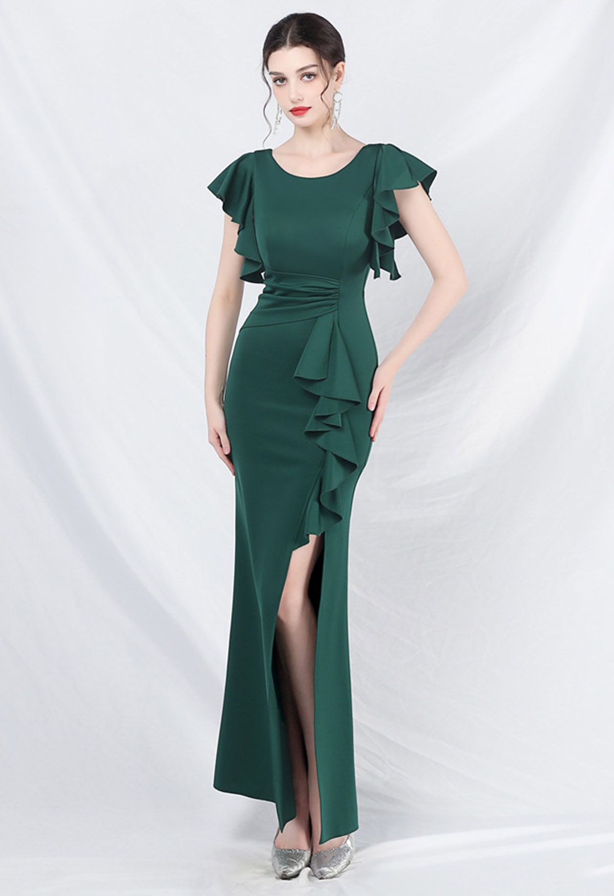 Glamorous Ruffle Trim Slit Mermaid Gown in Dark Green