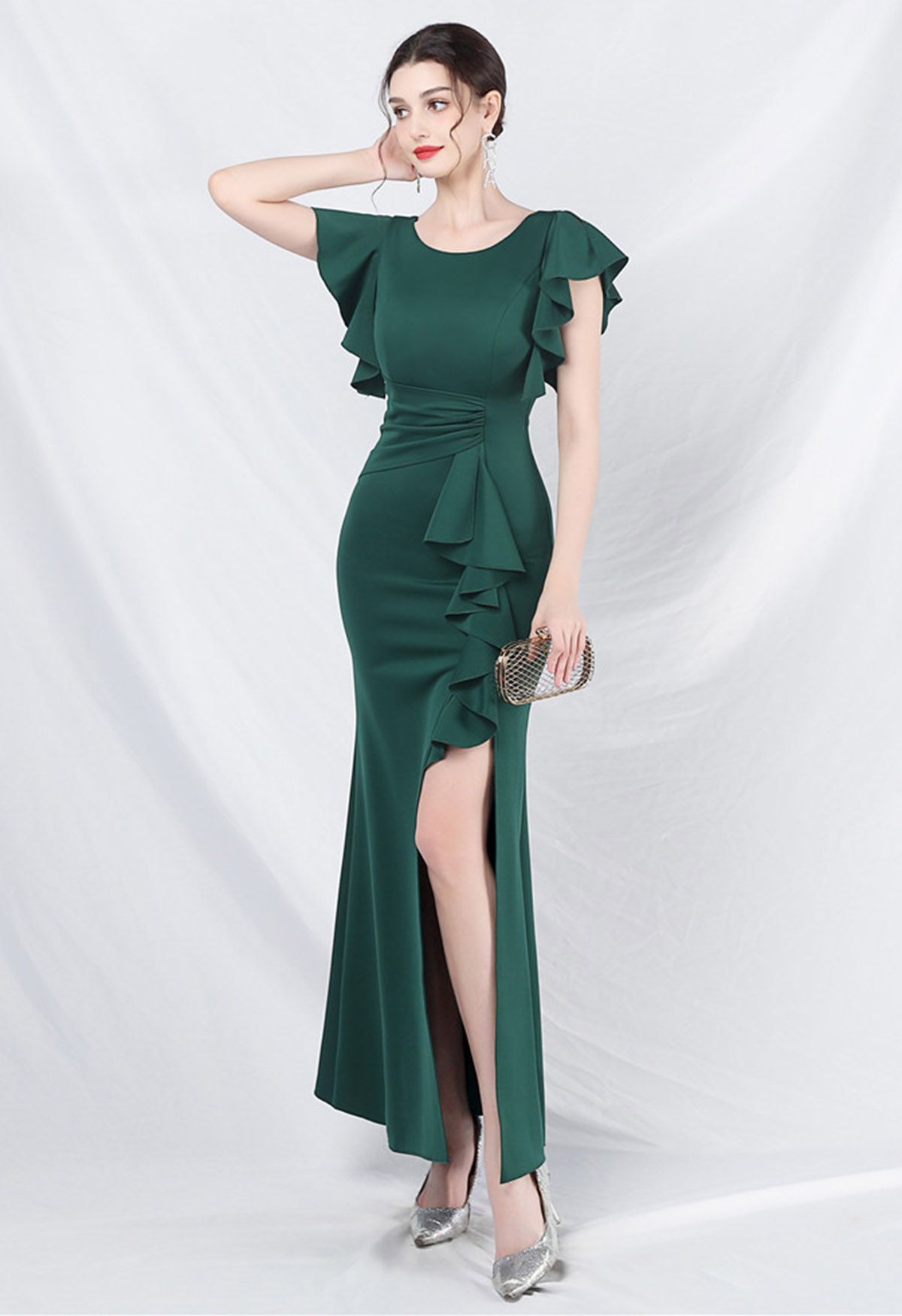 Glamorous Ruffle Trim Slit Mermaid Gown in Dark Green