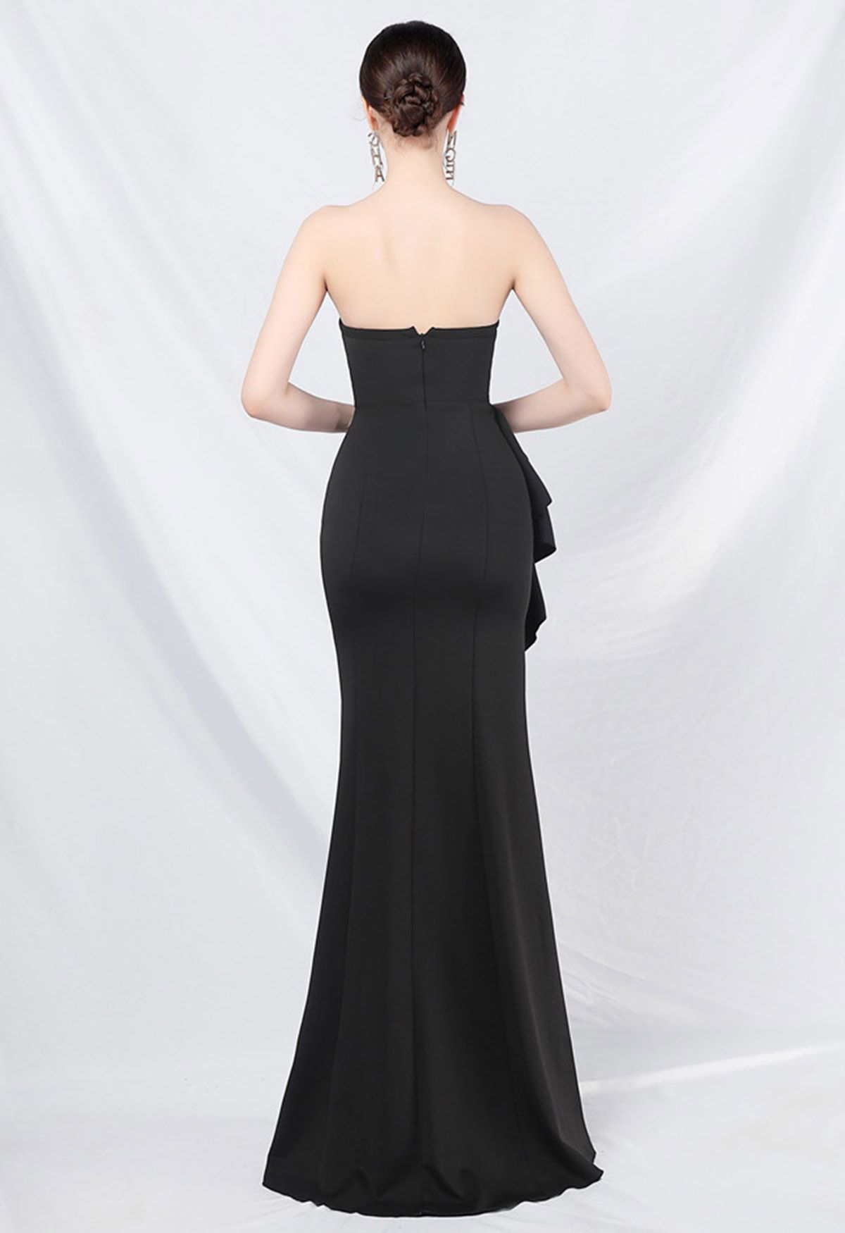 Strapless Bowknot Waist Ruffle Slit Gown in Black