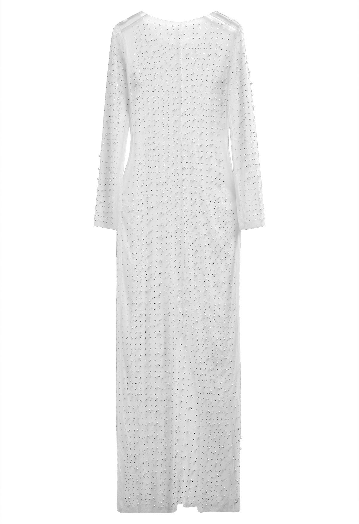 Full Pearl Embellished Sheer Mesh Cover-Up Maxi Dress in White