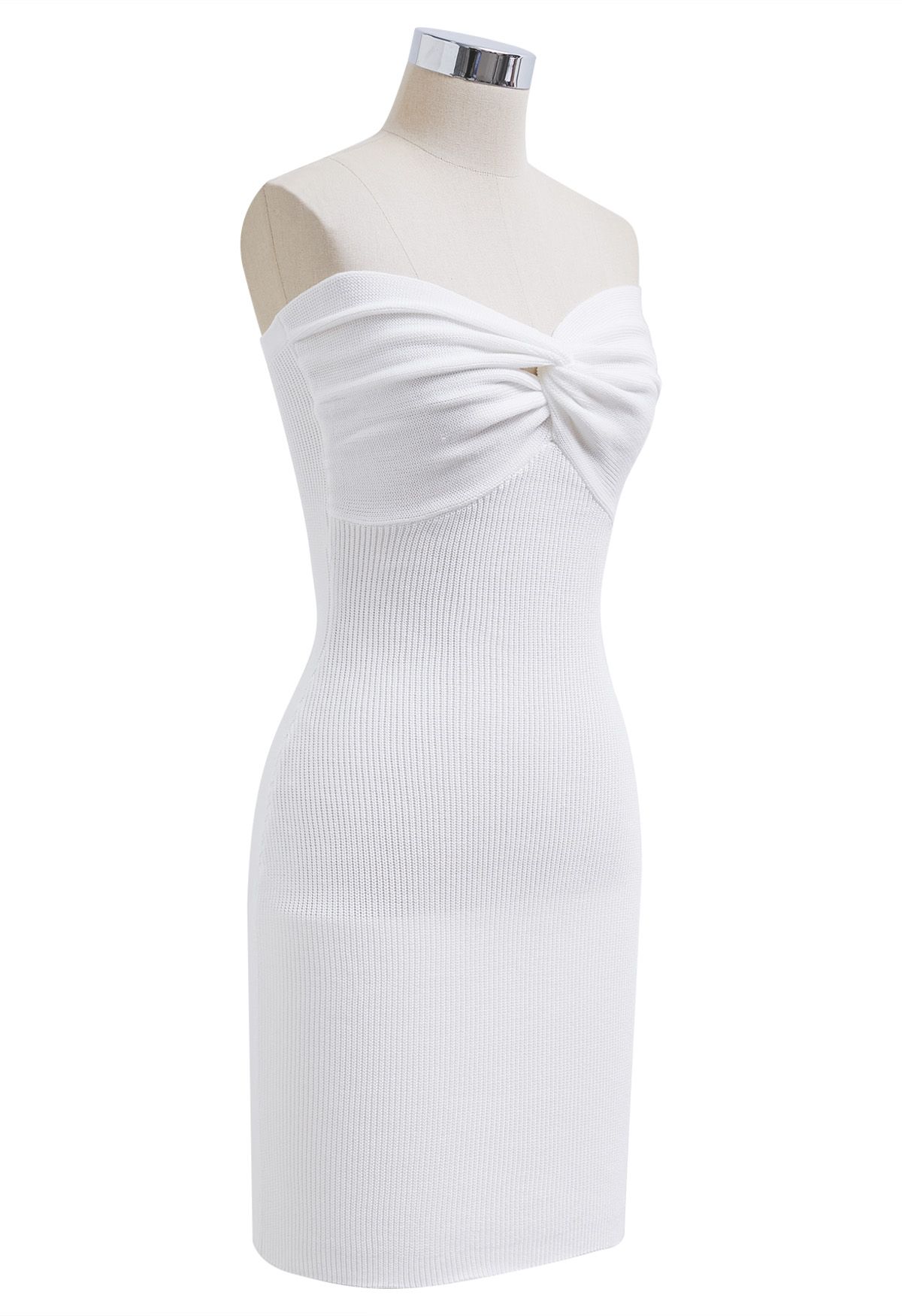 Knotted Front Fitted Knit Mini Dress in White