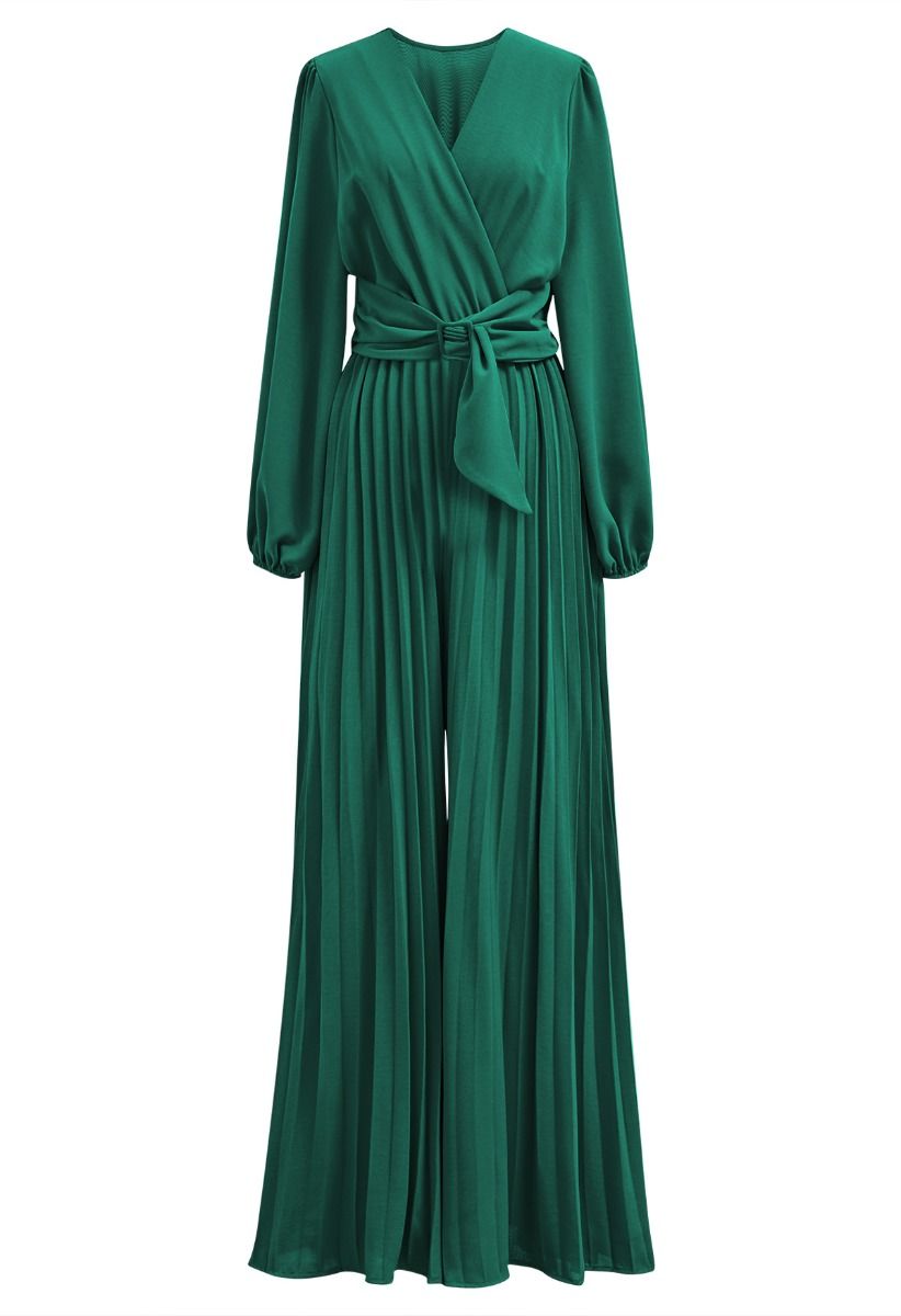 Sash Adorned Wide Leg Pleated Jumpsuit in Dark Green