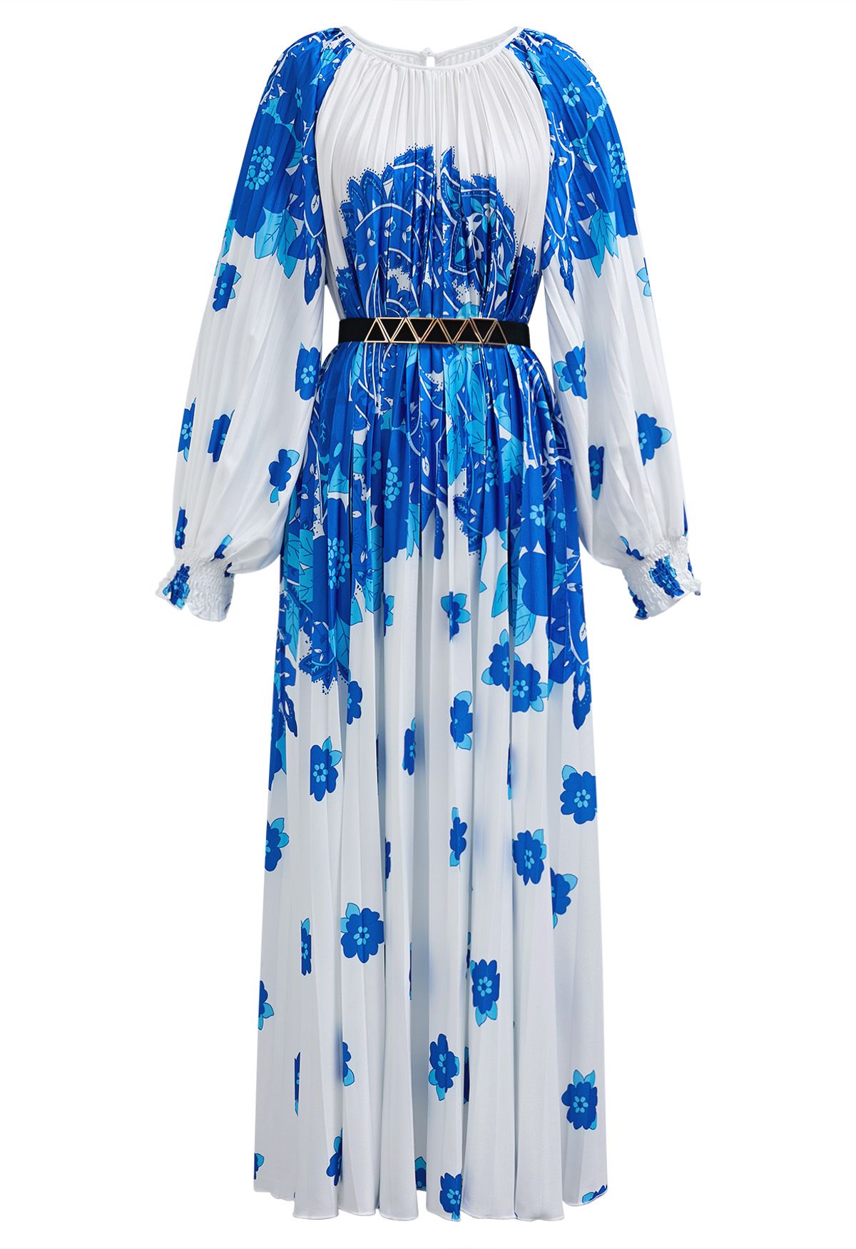 Blossoming Day Watercolor Pleated Maxi Dress in Blue