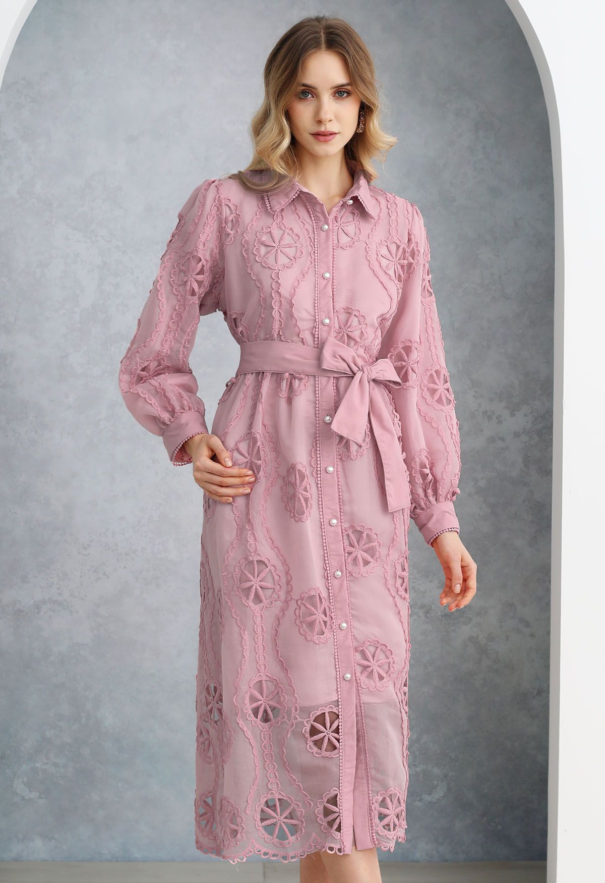 Cutwork Crochet Button Down Midi Dress in Pink