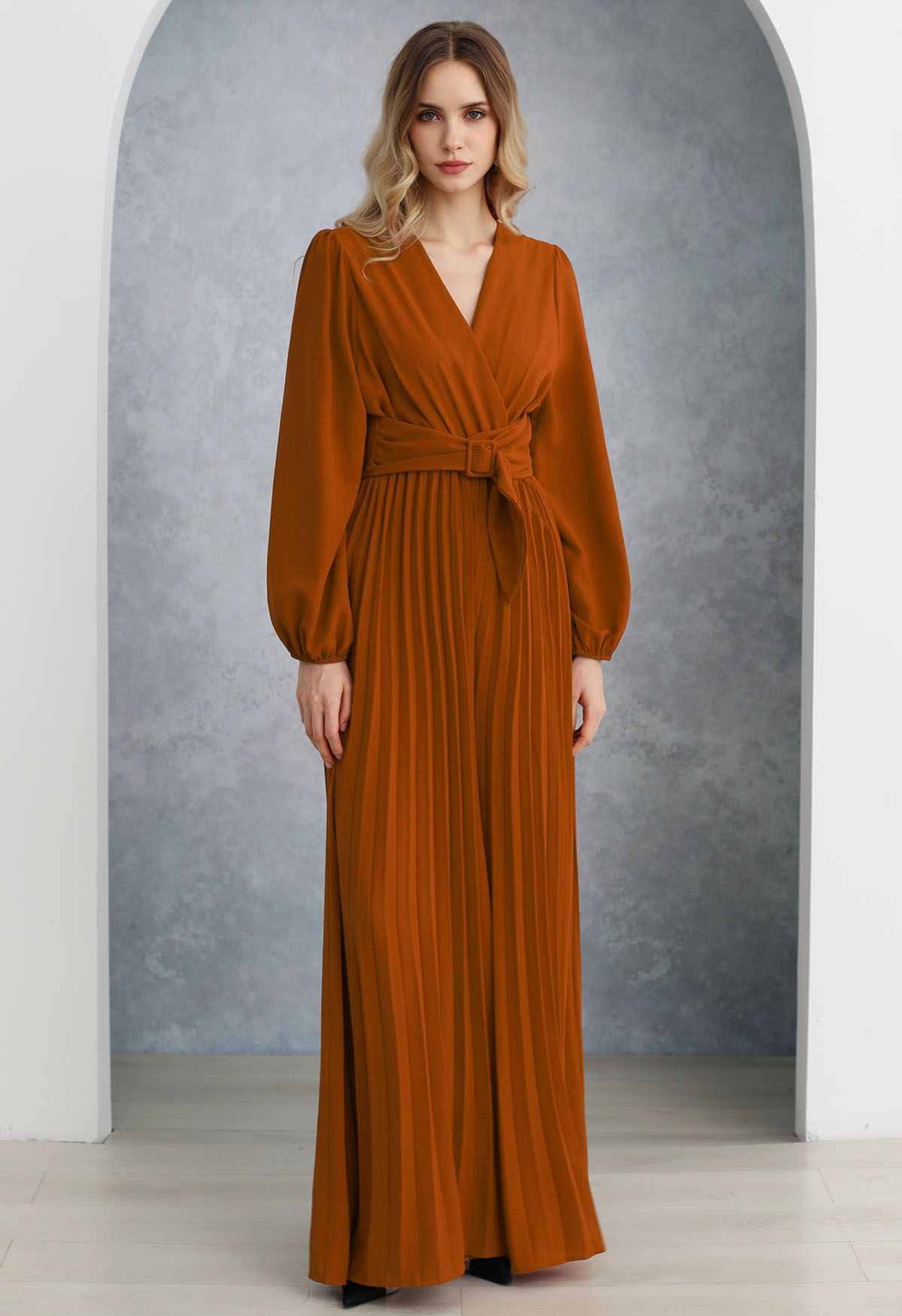 Sash Adorned Wide Leg Pleated Jumpsuit in Orange