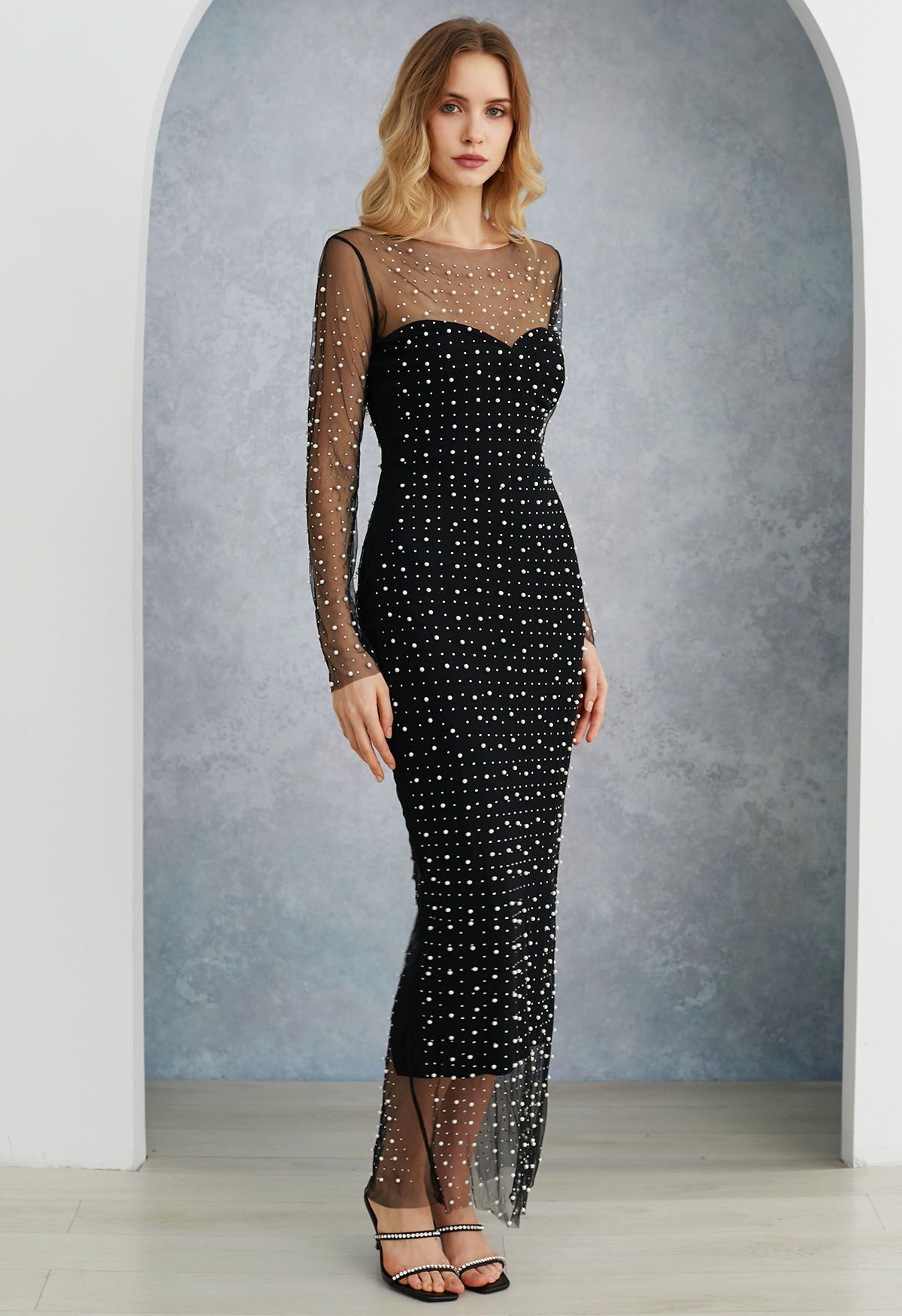 Full Pearl Embellished Sheer Mesh Cover-Up Maxi Dress in Black