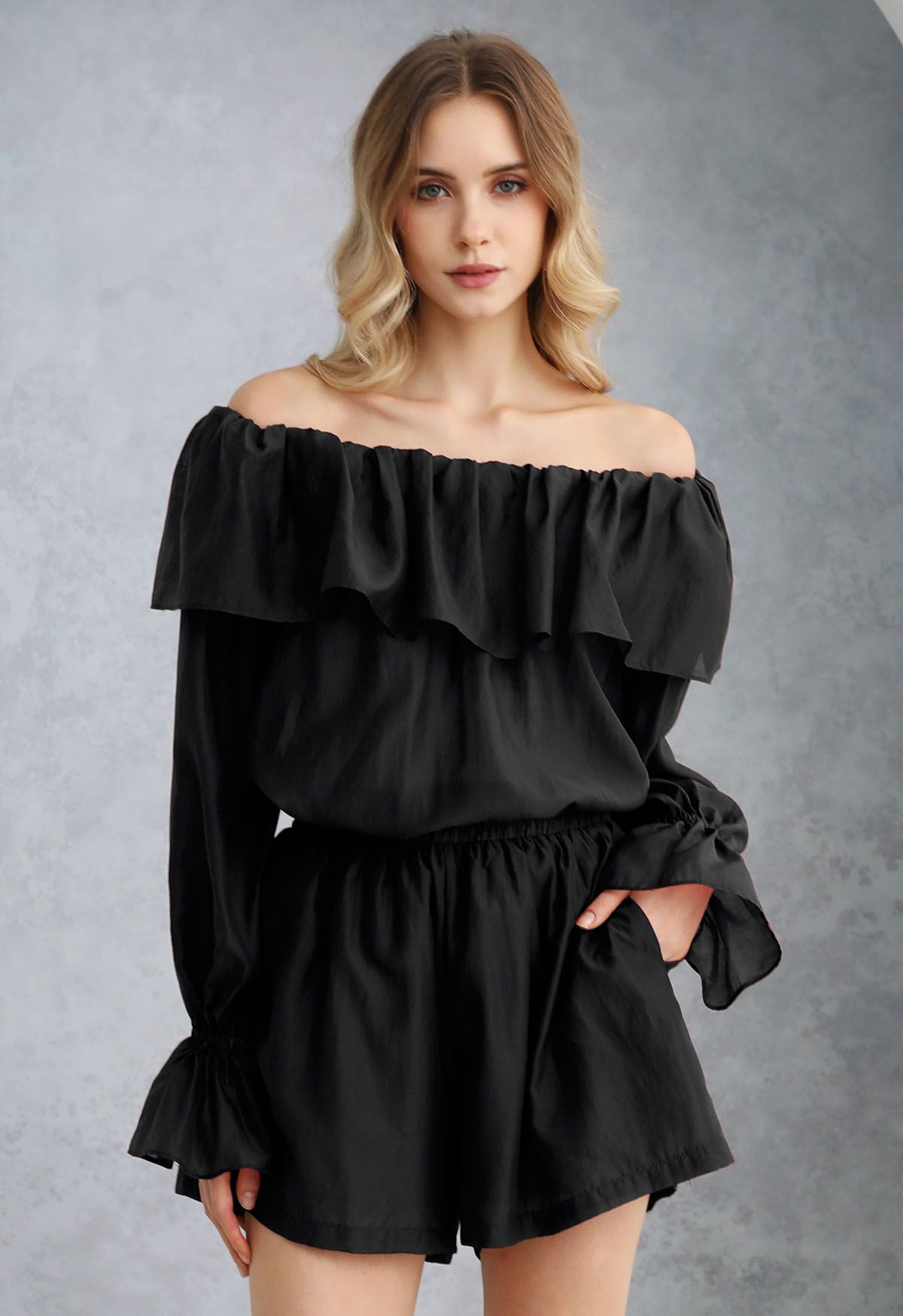 Breezy Off-Shoulder Top and Shorts Set in Black