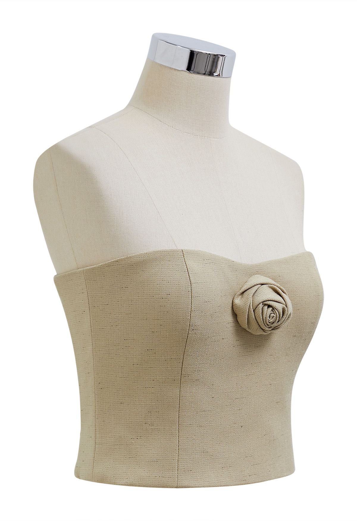 3D Rose Shirred Back Tube Top in Light Tan