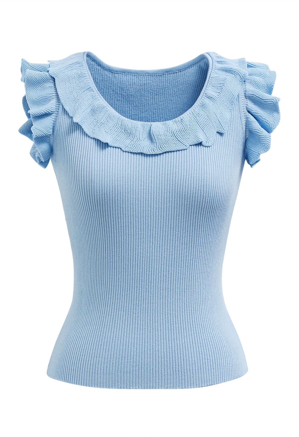 Ethereal Ruffle Sleeveless Knit Top in Blue